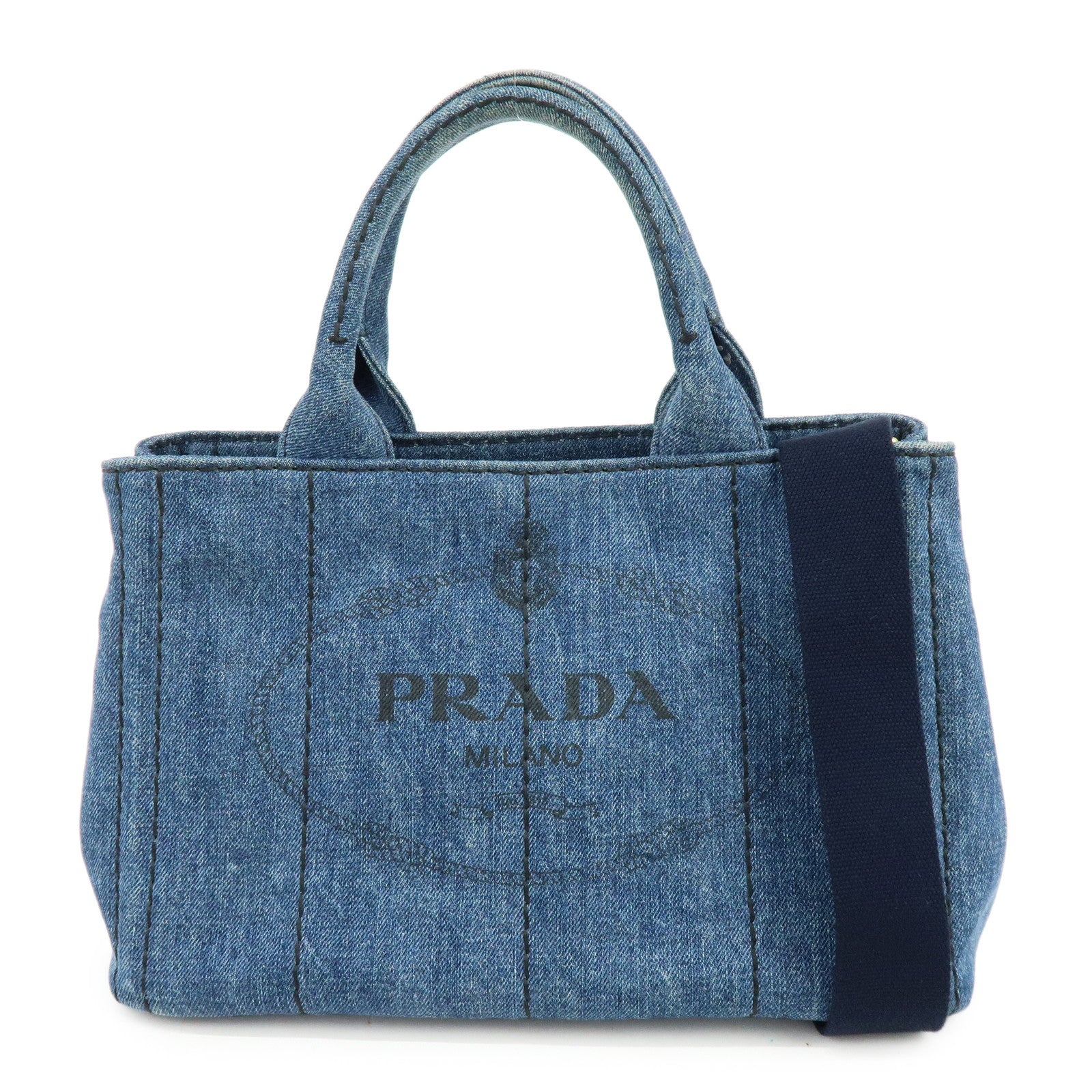 PRADA Canapa Mini Triangle Logo Denim 2Way Bag Hand Bag Blue 1BG439