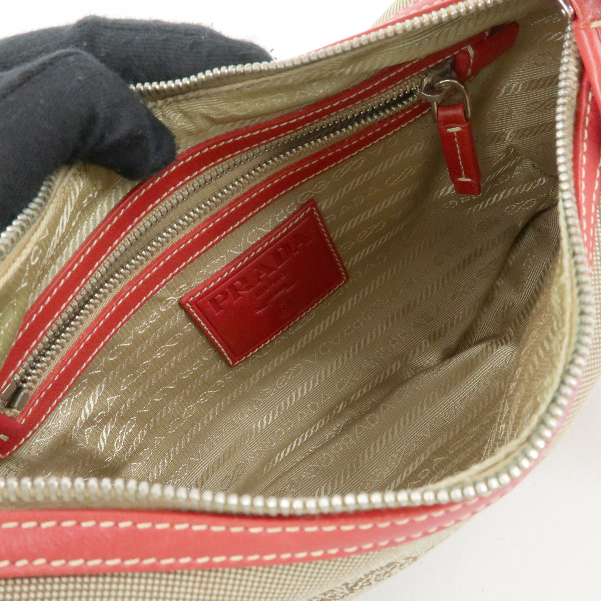 PRADA Logo Jacquard Leather Shoulder Bag Hand Bag Beige Red BR3429