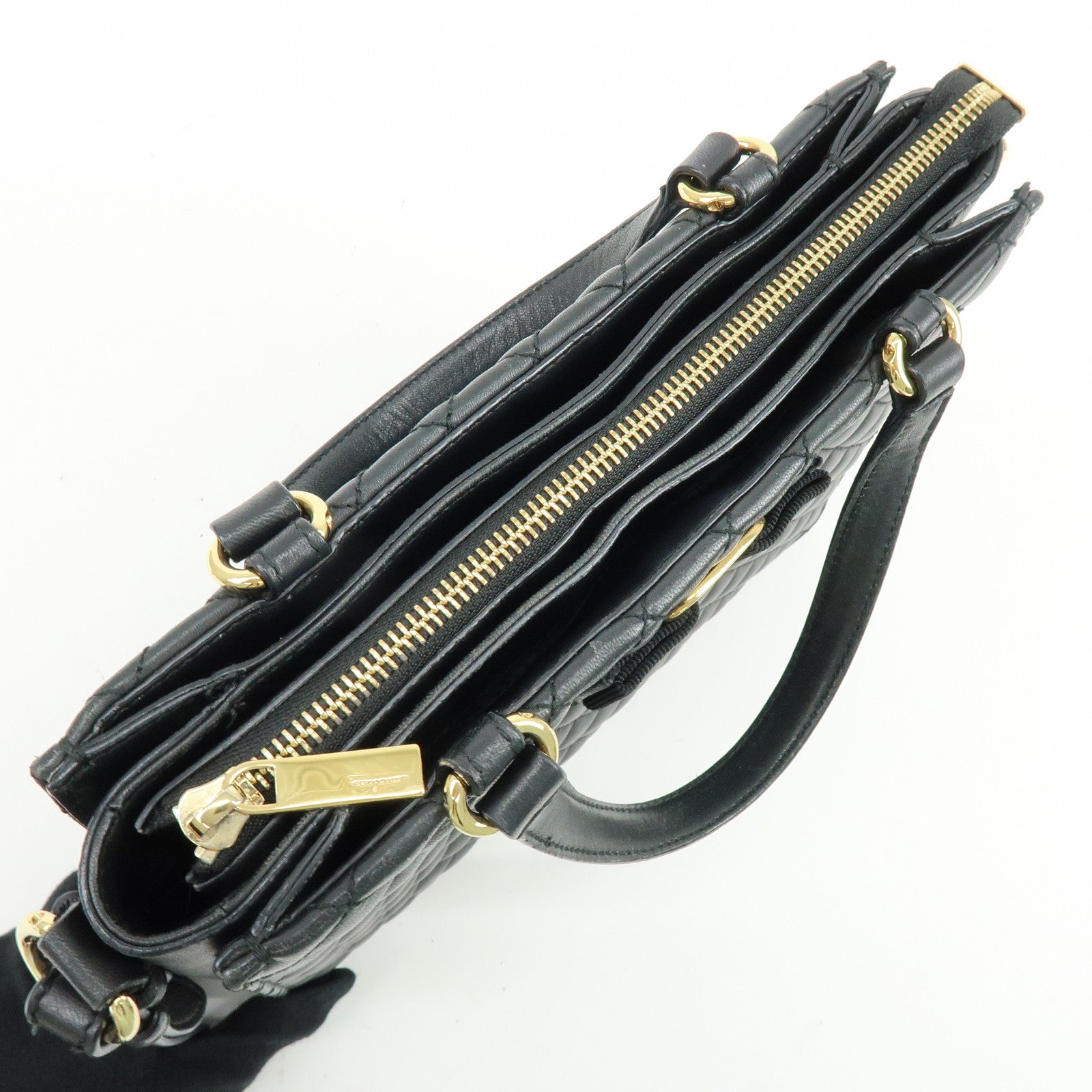 Ferragamo Vara Ribbon Leather 2Way Bag Hand Bag Shoulder Bag Black