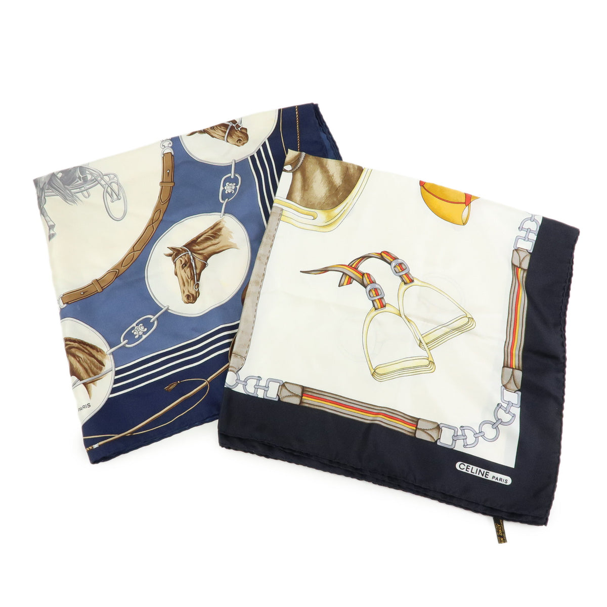 CELINE Lot of 2 Silk 100% Scarf Horse Motif Navy Black Gold White