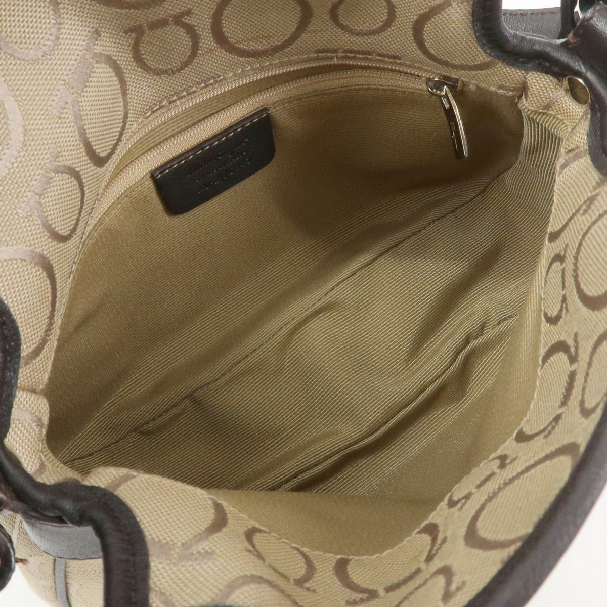 Ferragamo Gancini Jacquard Canvas Leather Hand Bag Beige Brown