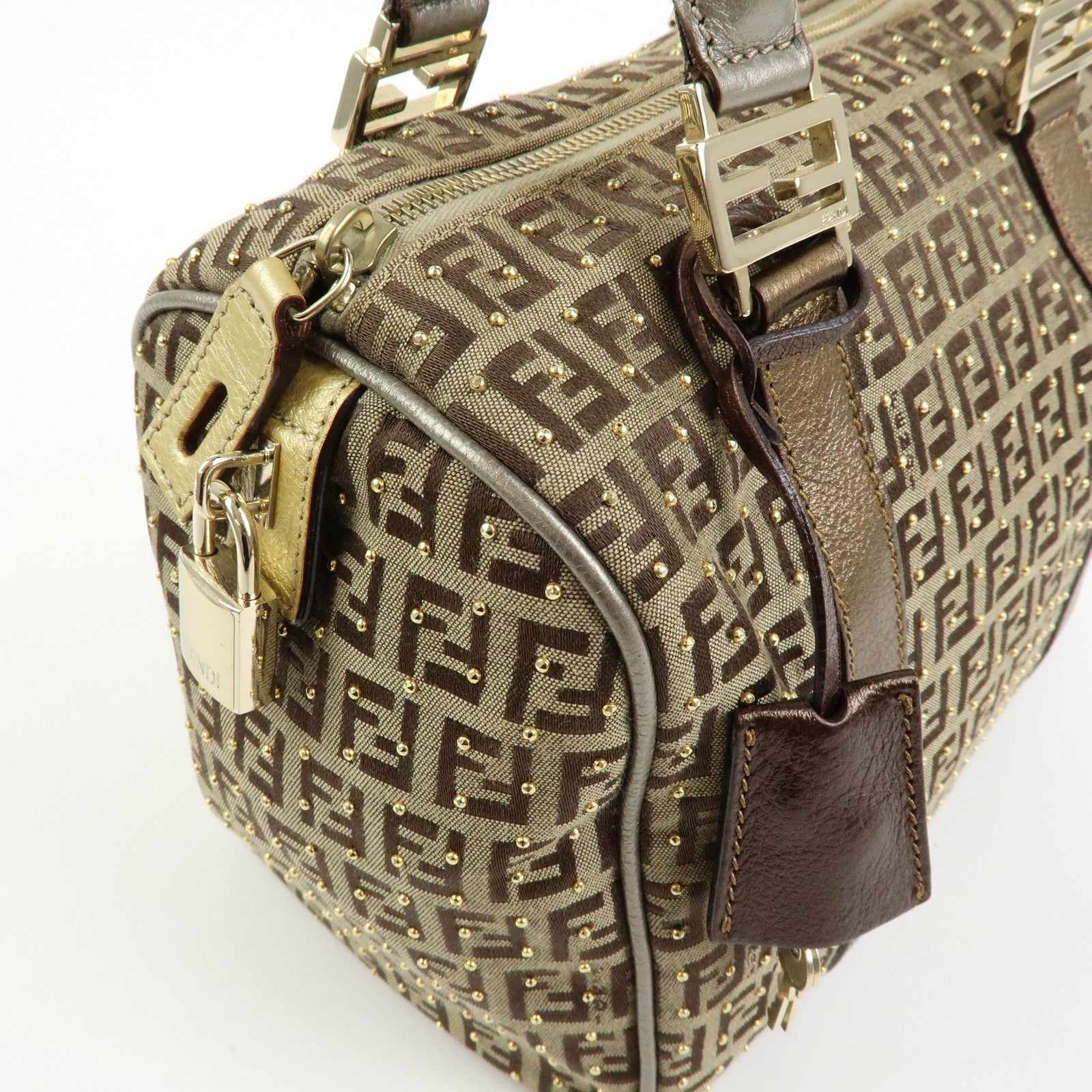 FENDI Zucchino Canvas Leather Boston Bag Hand Bag Beige Gold 8BL068