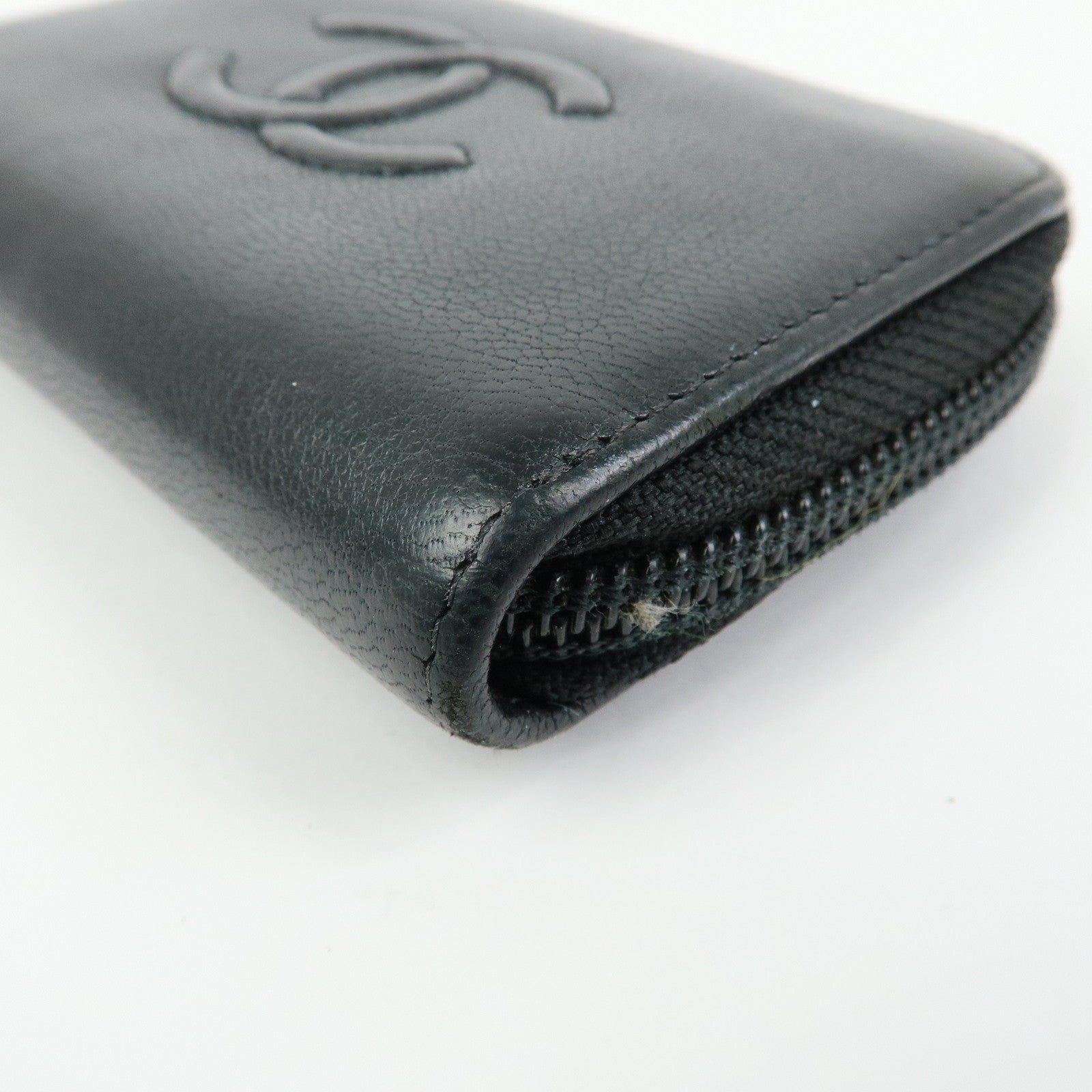 CHANEL COCO Mark Calf Skin Round Zippy Compact Wallet Black