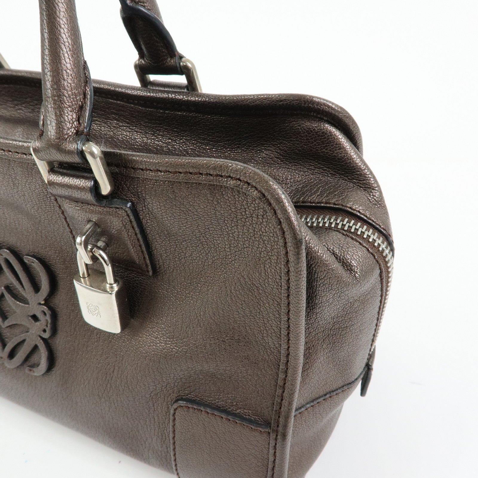 LOEWE Anagram Amazona 28 Leather Hand Bag Boston Bag Metallic Brown