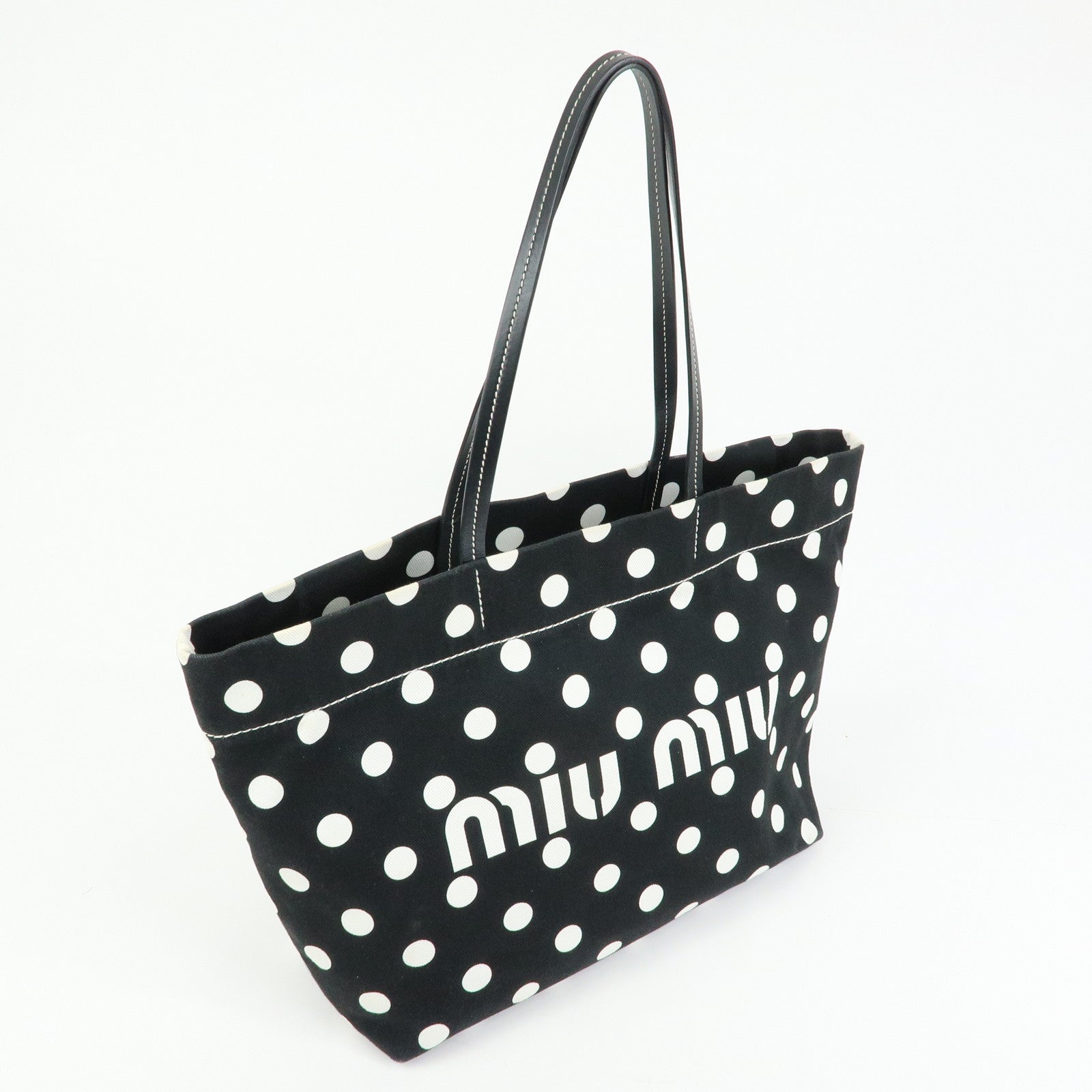 MIU MIU Logo Canvas Leather Polka Dots Tote Shoulder Bag Black 5BG234