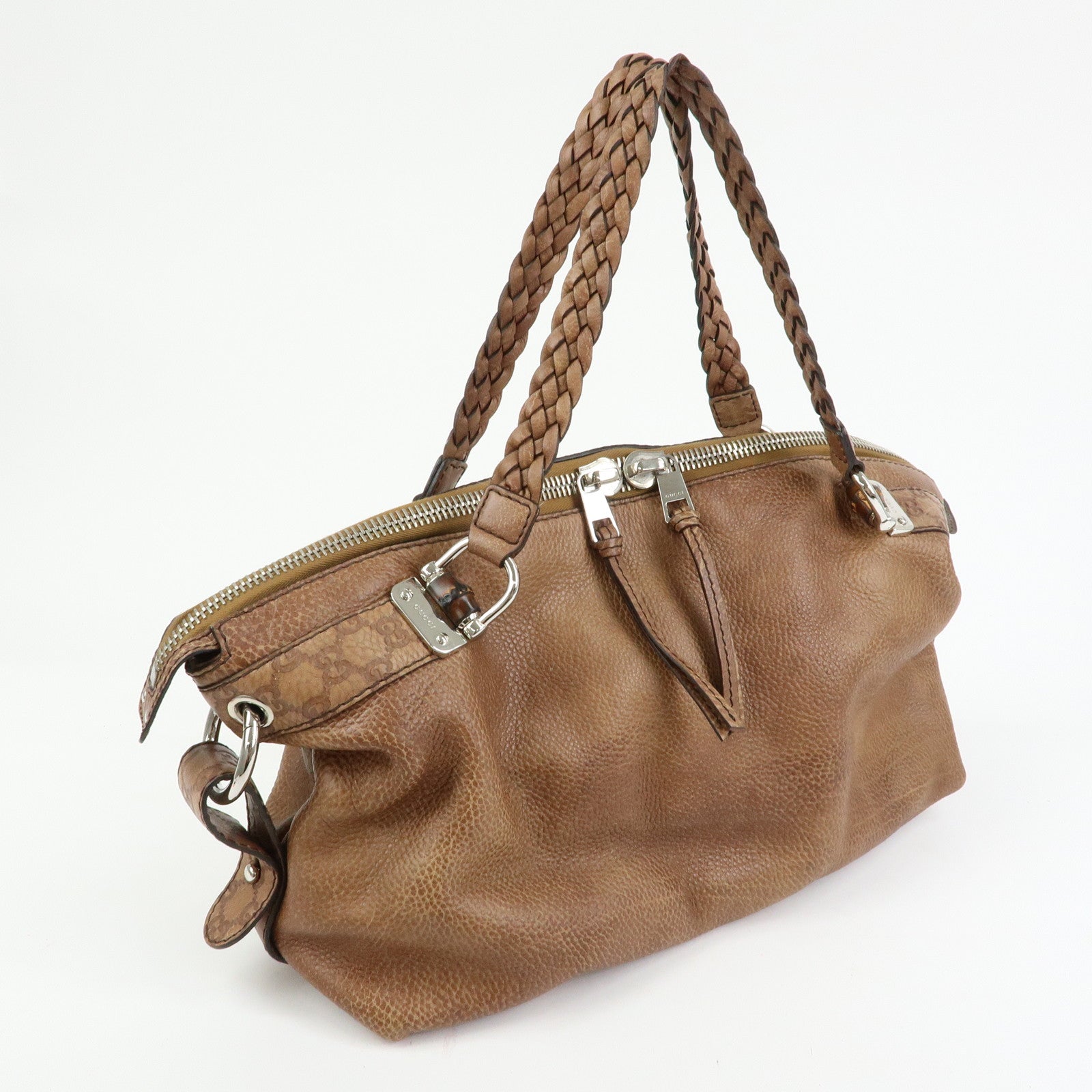 GUCCI Bamboo Embossed Leather Boston Bag Hand Bag Brown 232959