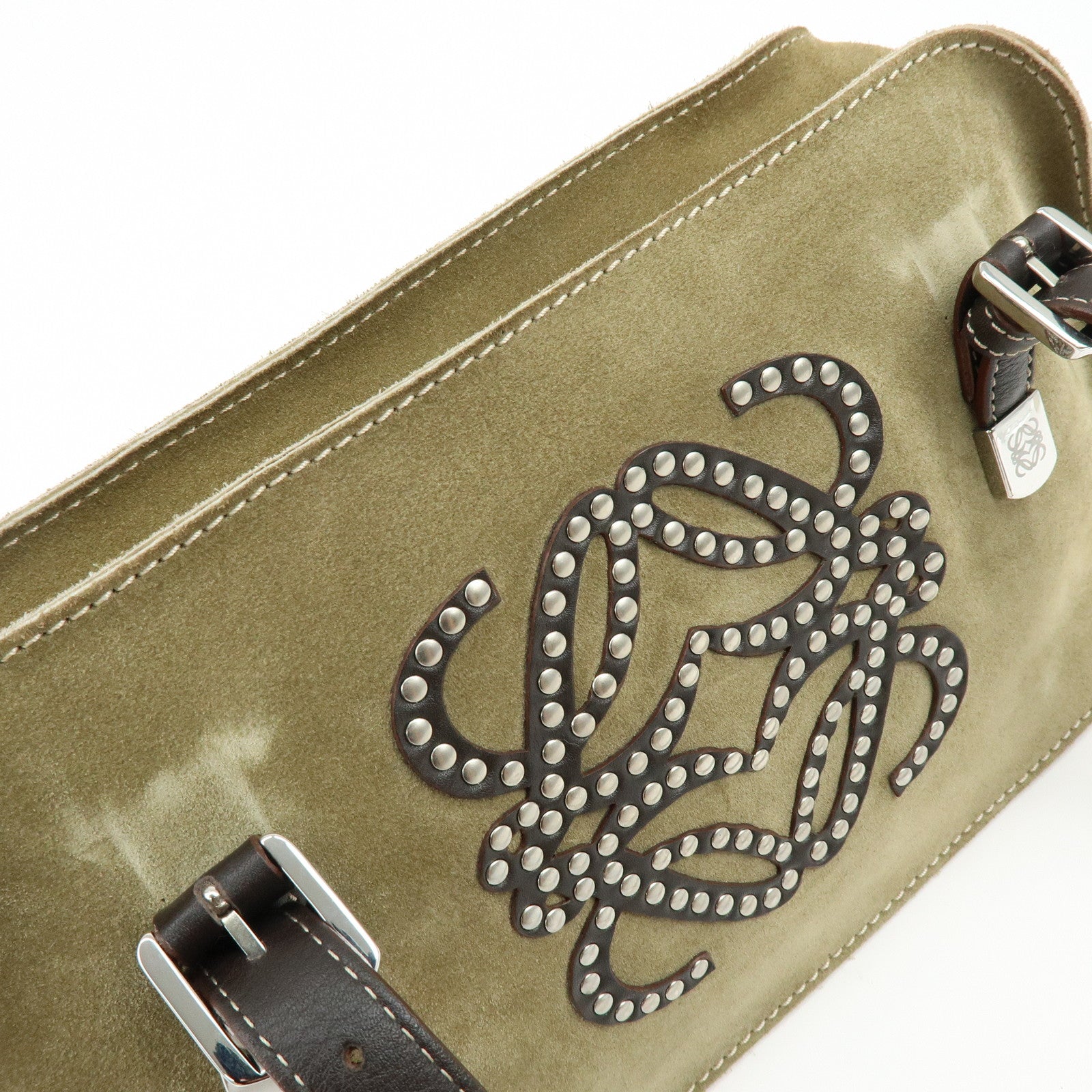 LOEWE Anagram Suede Leather Hand Bag Tote Bag Studs Khaki Brown