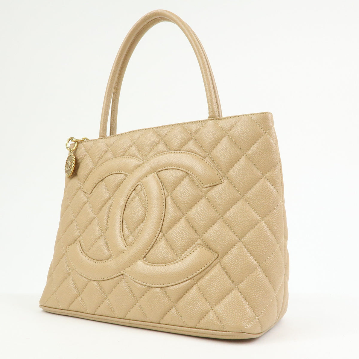 CHANEL Matelasse COCO Mark Caviarskin Medallion Tote Bag Beige A01804