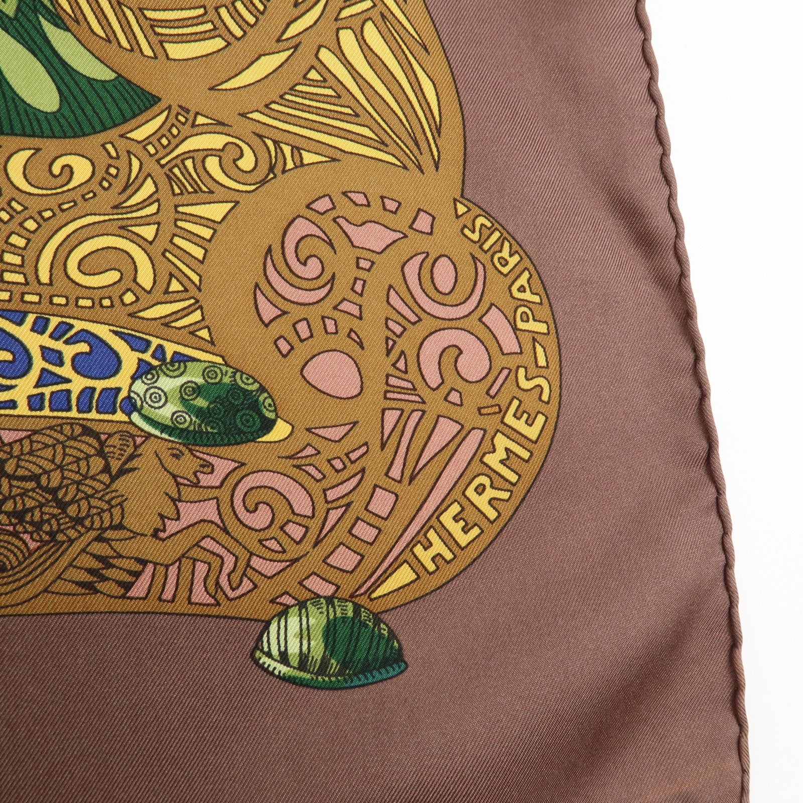 HERMES Carre 90 Silk 100% Scarf L ATLANTIDE Brown Blue Gold