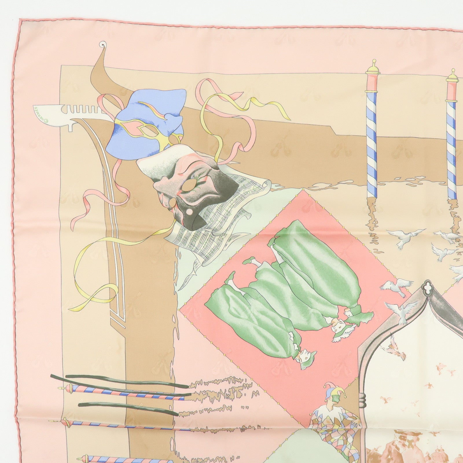 HERMES Carre 90 Silk 100% Scarf LE CARNAVAL DE VENISE Beige Pink