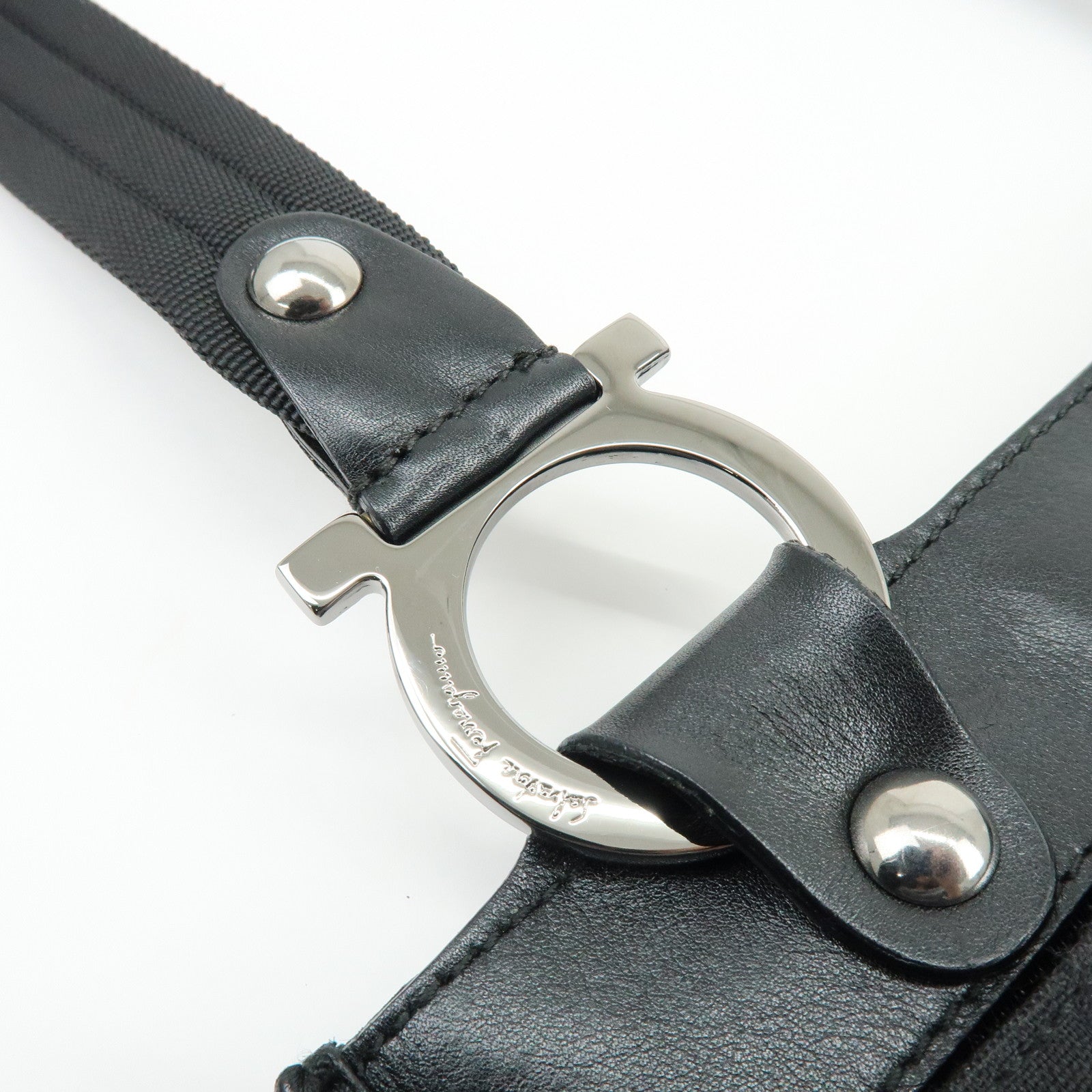 Ferragamo Gancini Canvas Leather Shoulder Bag Crossbody Bag Black