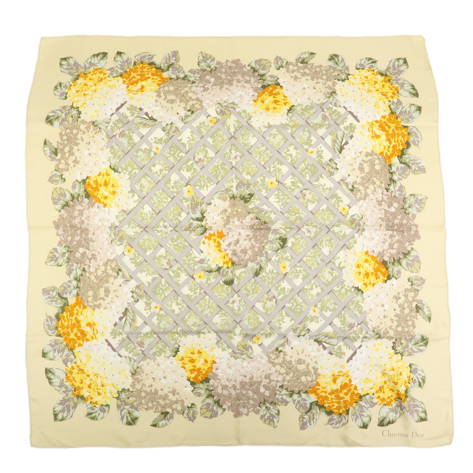 Christian Dior Silk 100% Scarf Hydrangea Print Beige Yellow Green