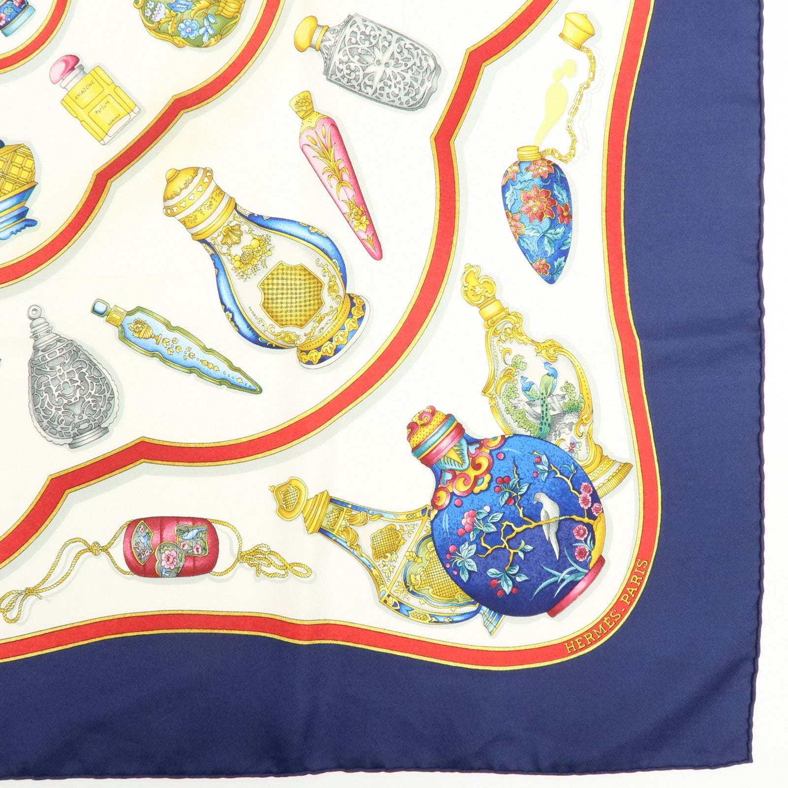 HERMES Carre 90 Silk 100% Scarf Qu'importe le flacon Navy White