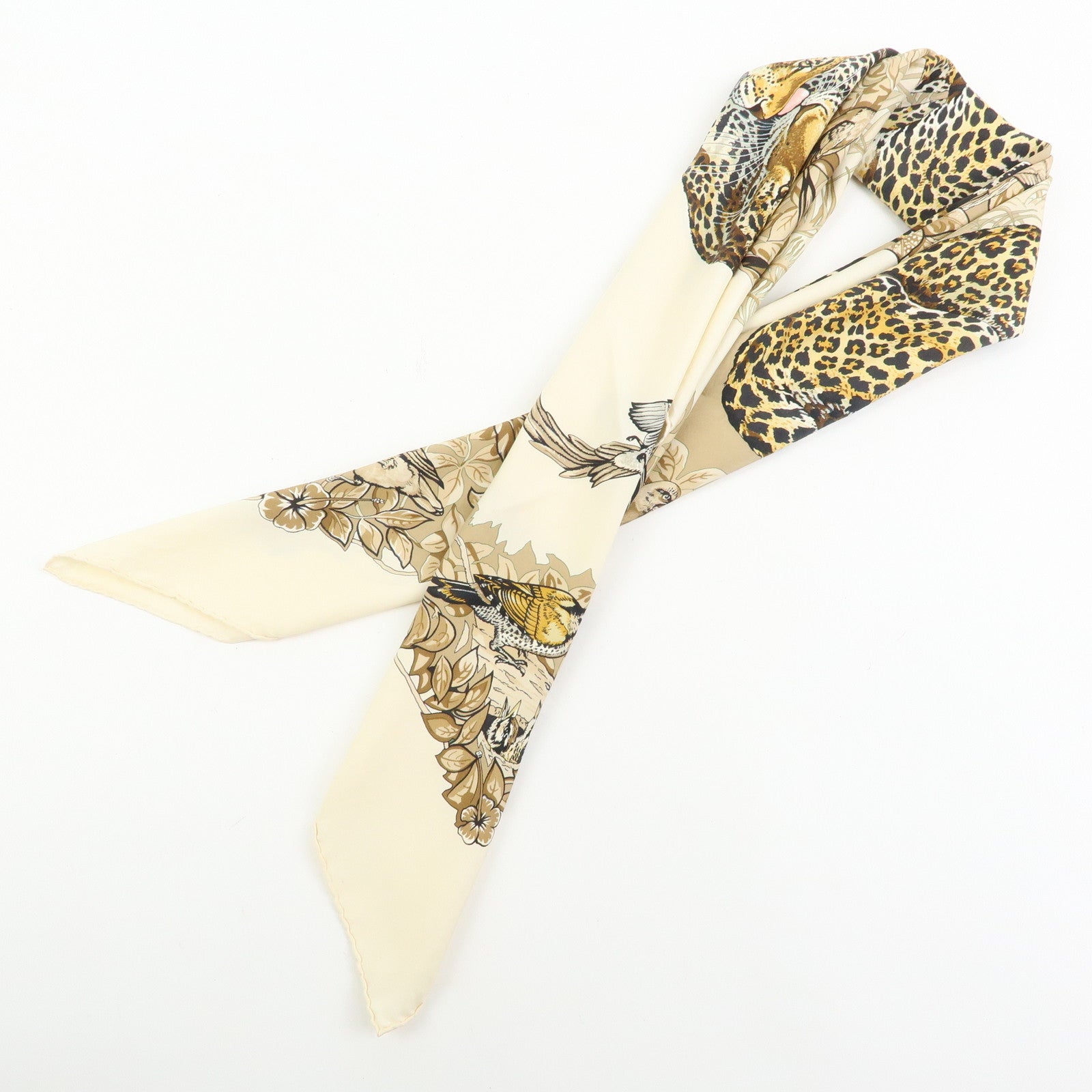 HERMES Carre 90 Silk 100% Scarf JUNGLE LOVE Light Brown Beige