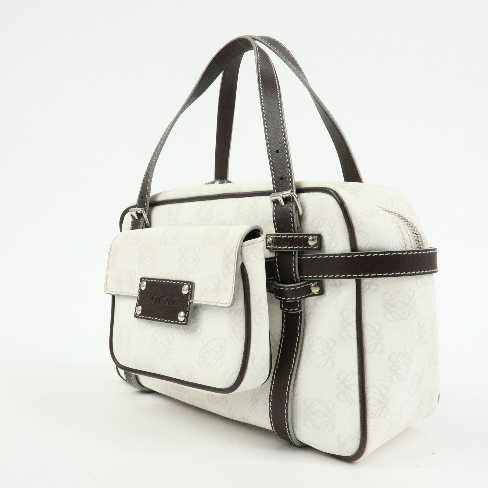 LOEWE Anagram PVC Leather Hand Bag Boston Bag White Dark Brown
