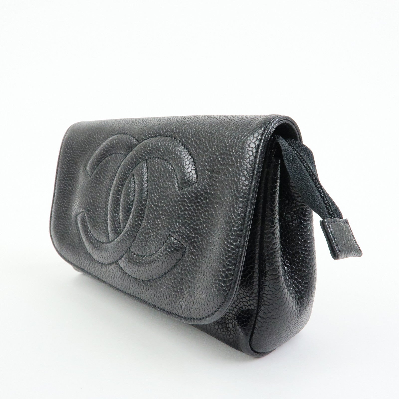CHANEL COCO Mark Caviarskin Leather Pouch Cosmetic Pouch Black