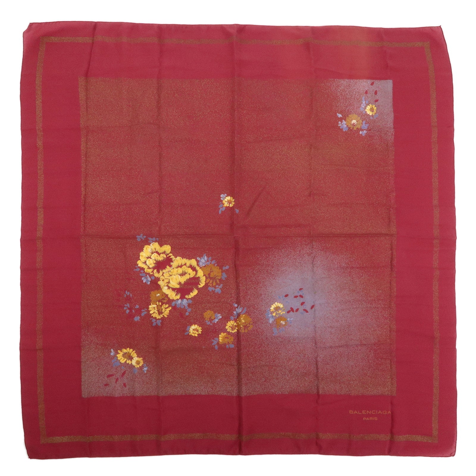 BALENCIAGA Silk 100% Scarf Floral Design Wine Red Yellow Blue