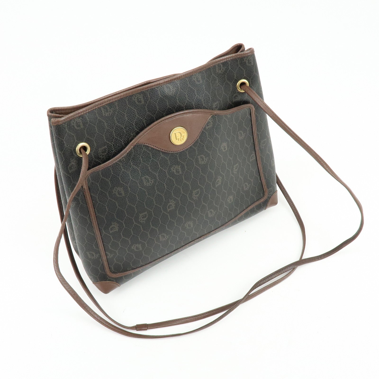 Christian Dior Honeycomb PVC Leather Shoulder Bag Brown Black
