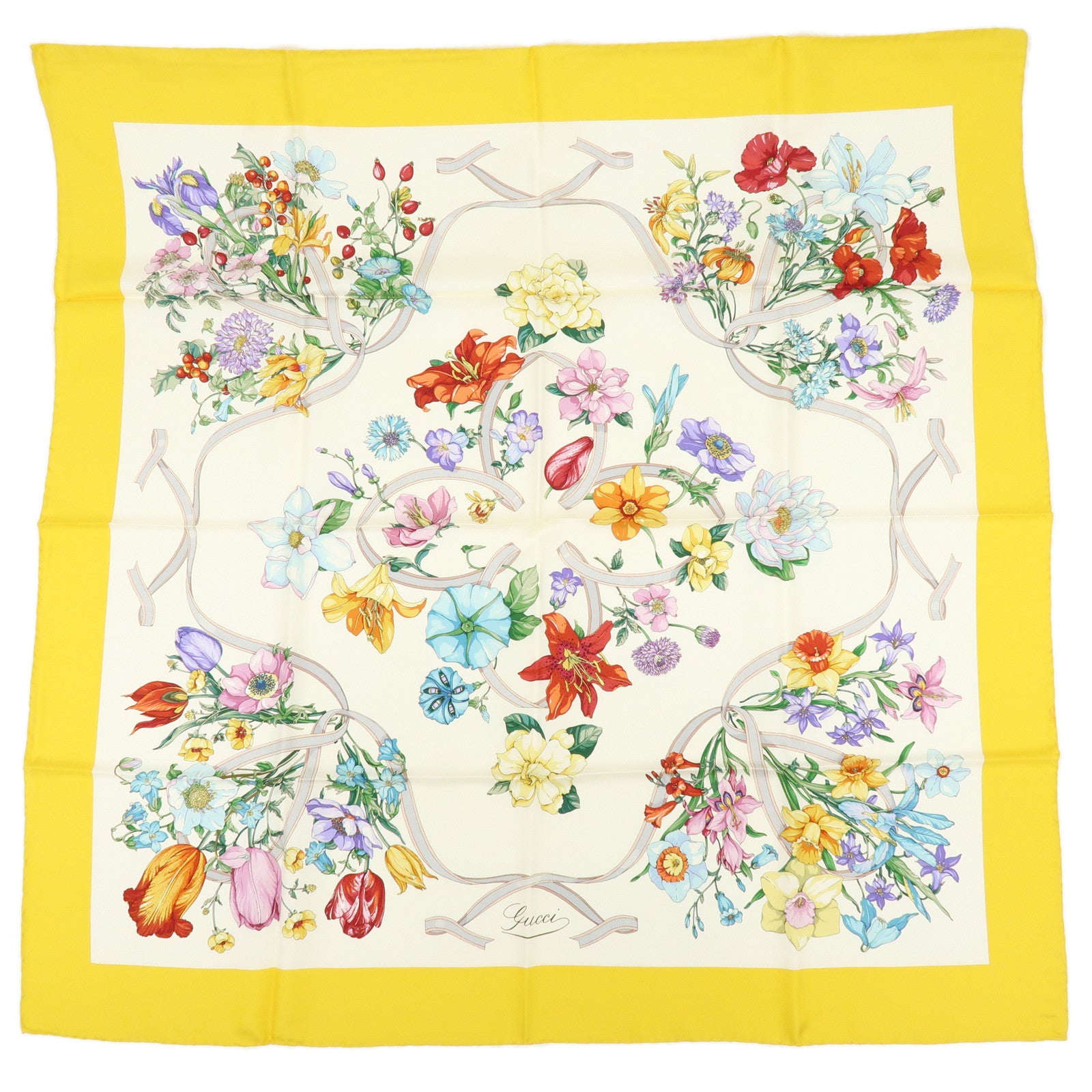 GUCCI Flora Silk 100% Scarf Shawl White Yellow Blue Orange Purple