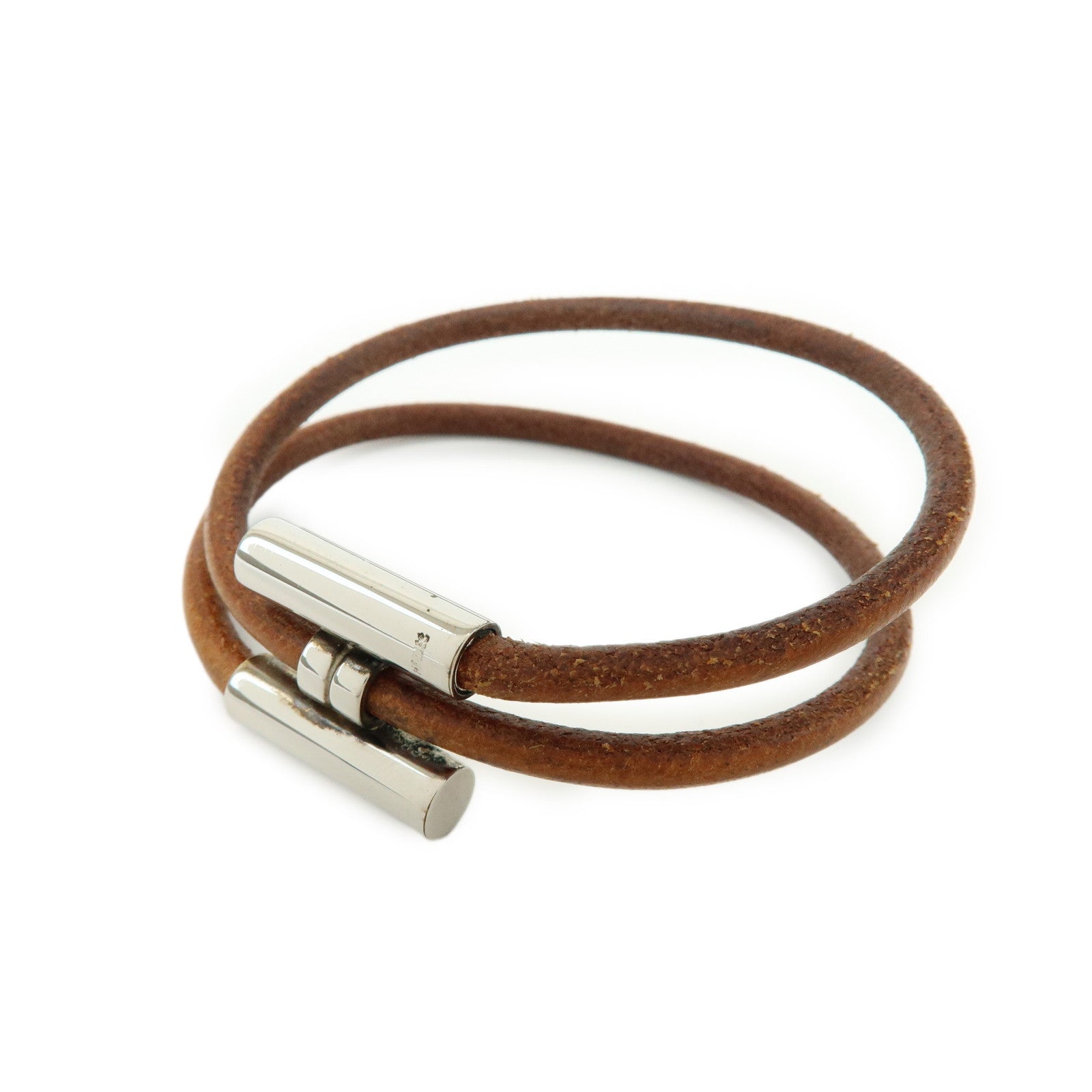 HERMES Leather Metal Tournis Tresse Bracelet Brown Silver