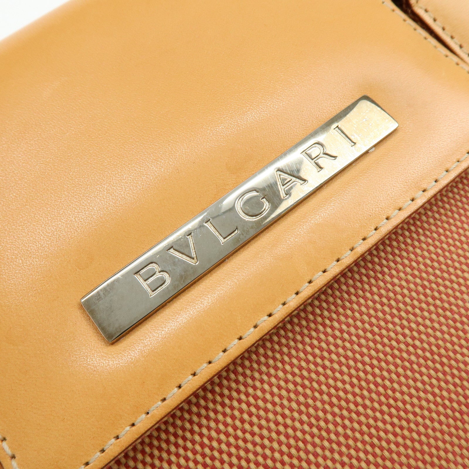 BVLGARI Canvas Leather Flap Shoulder Bag Hand Bag Beige Red