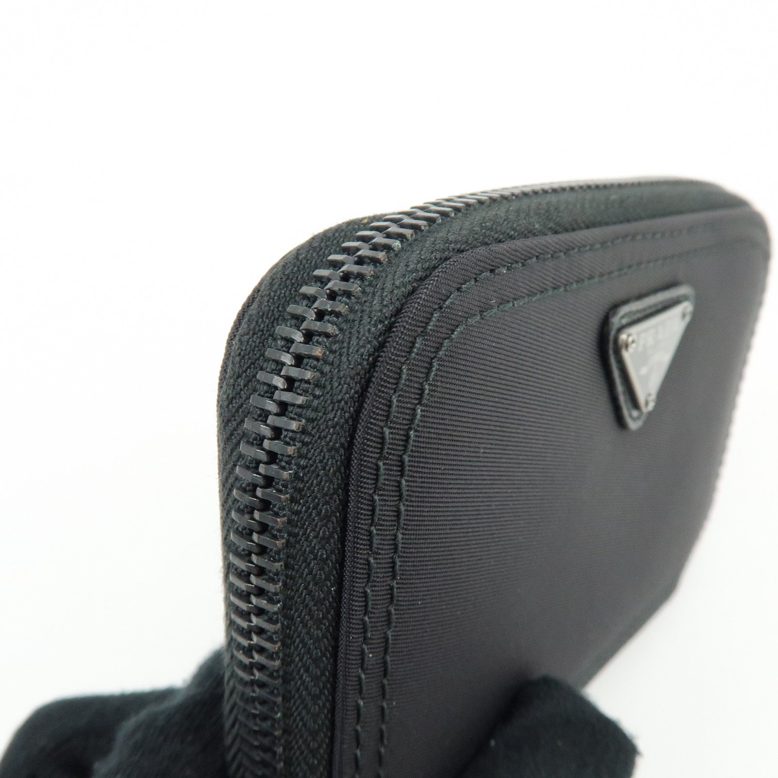 PRADA Triangle Logo Nylon Saffiano Leather Zippy Key Case Black 2PG003