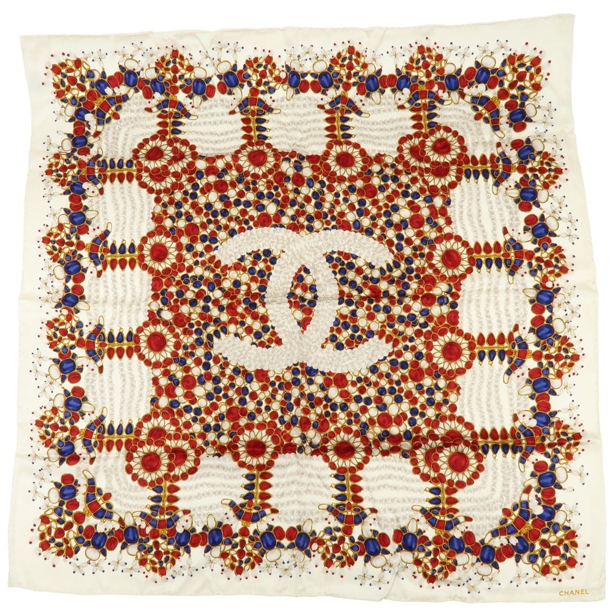 CHANEL COCO Mark Silk 100% Scarf Pearl Jewerly Motif White Red Blue