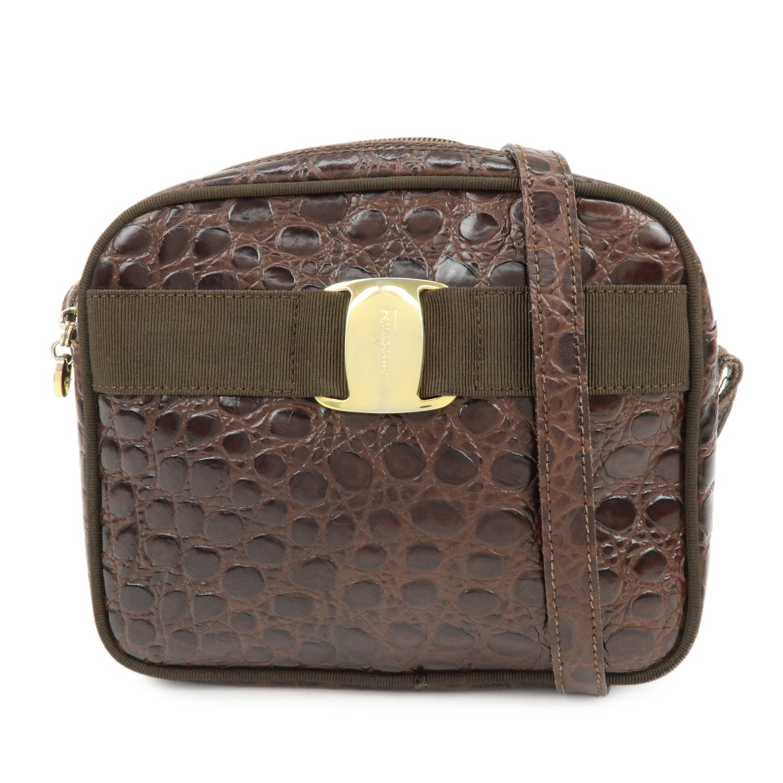 Ferragamo Vara Embossed Leather Shoulder Bag Crossbody Bag Brown