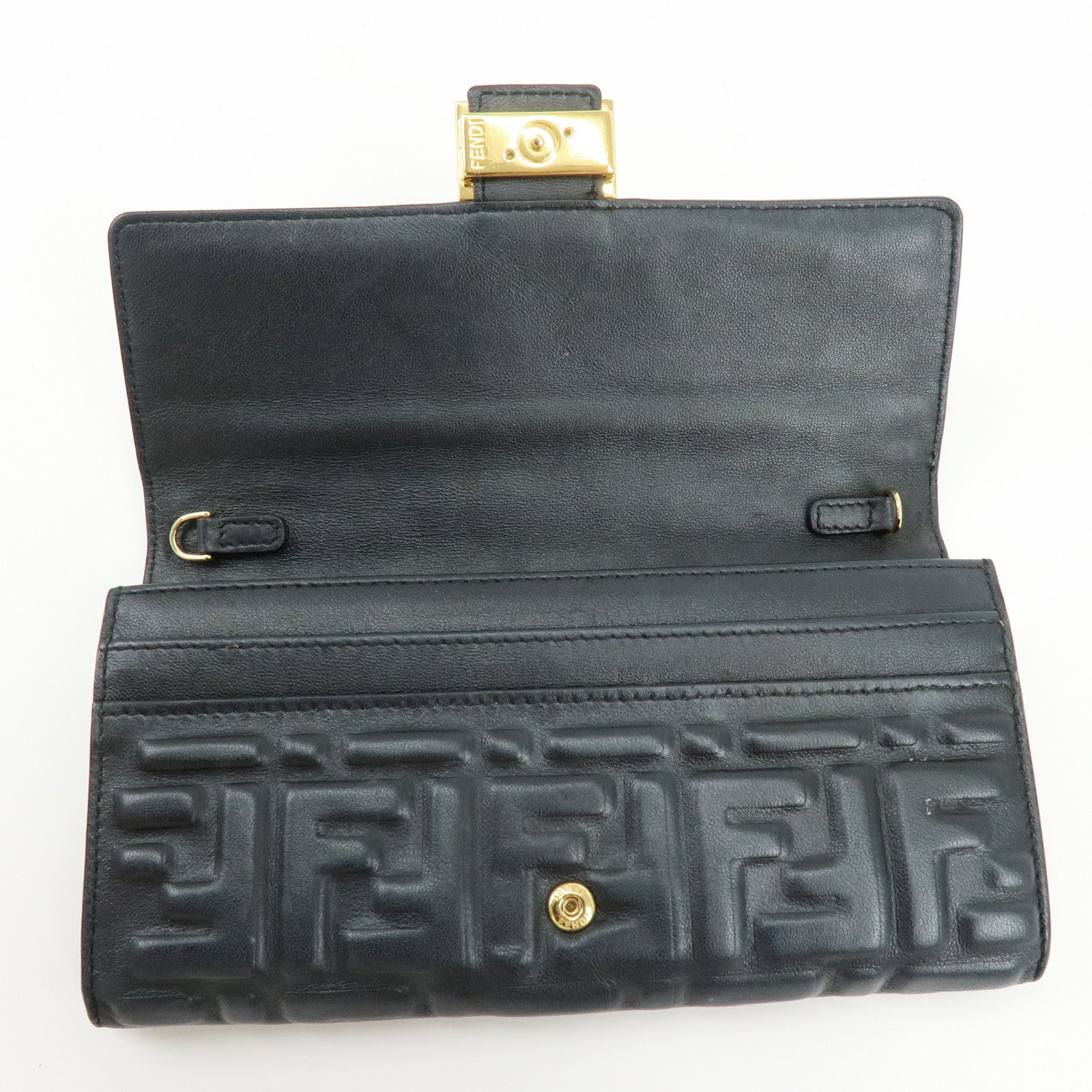 FENDI  Baguette Zucca Embossed Leather Chain Long Wallet Black 8M0365