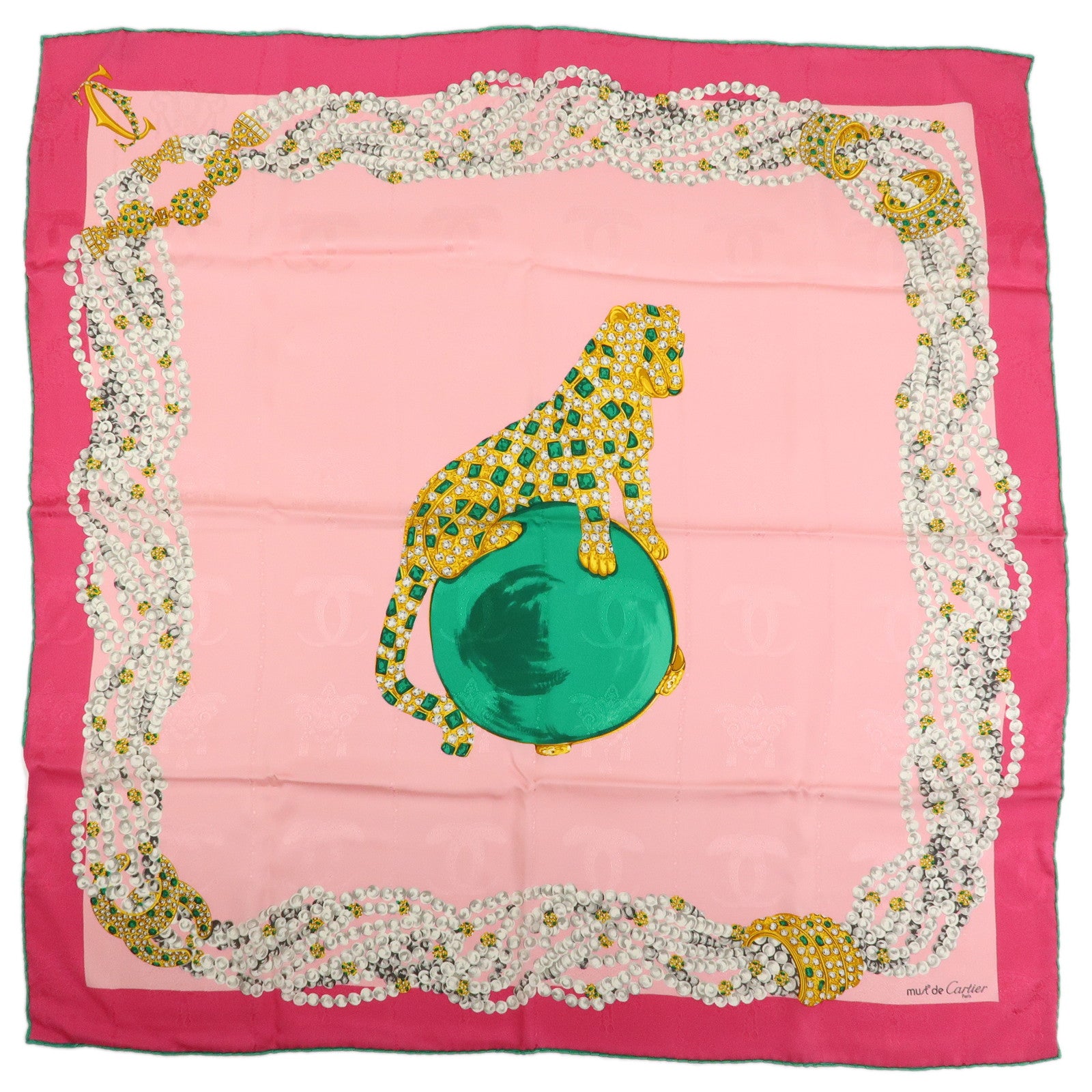 Cartier Silk 100% Scarf Jeweled Panther Motif Pink Green