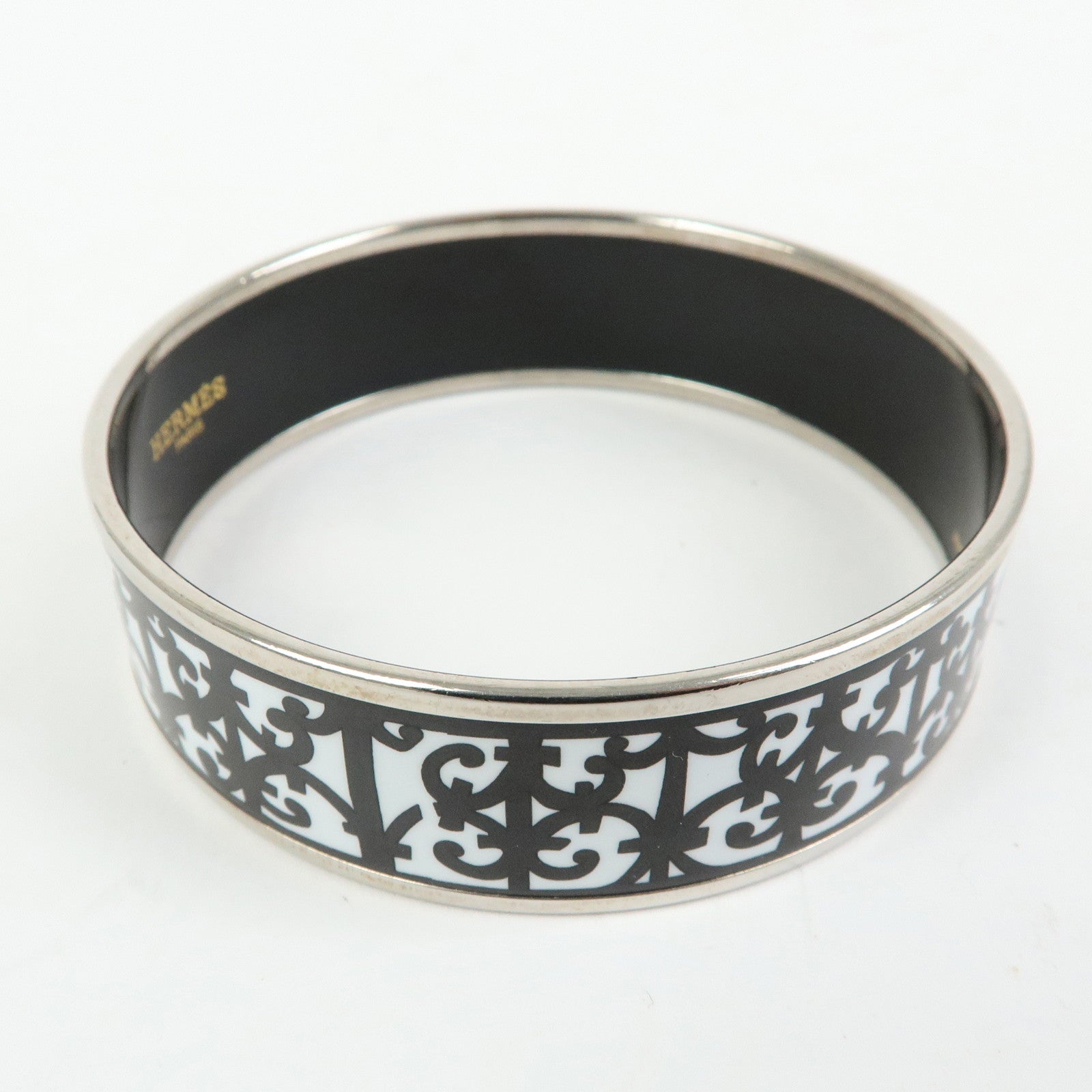HERMES Email GM Silver Plated Guadalquivir Bangle Bracelet White Black