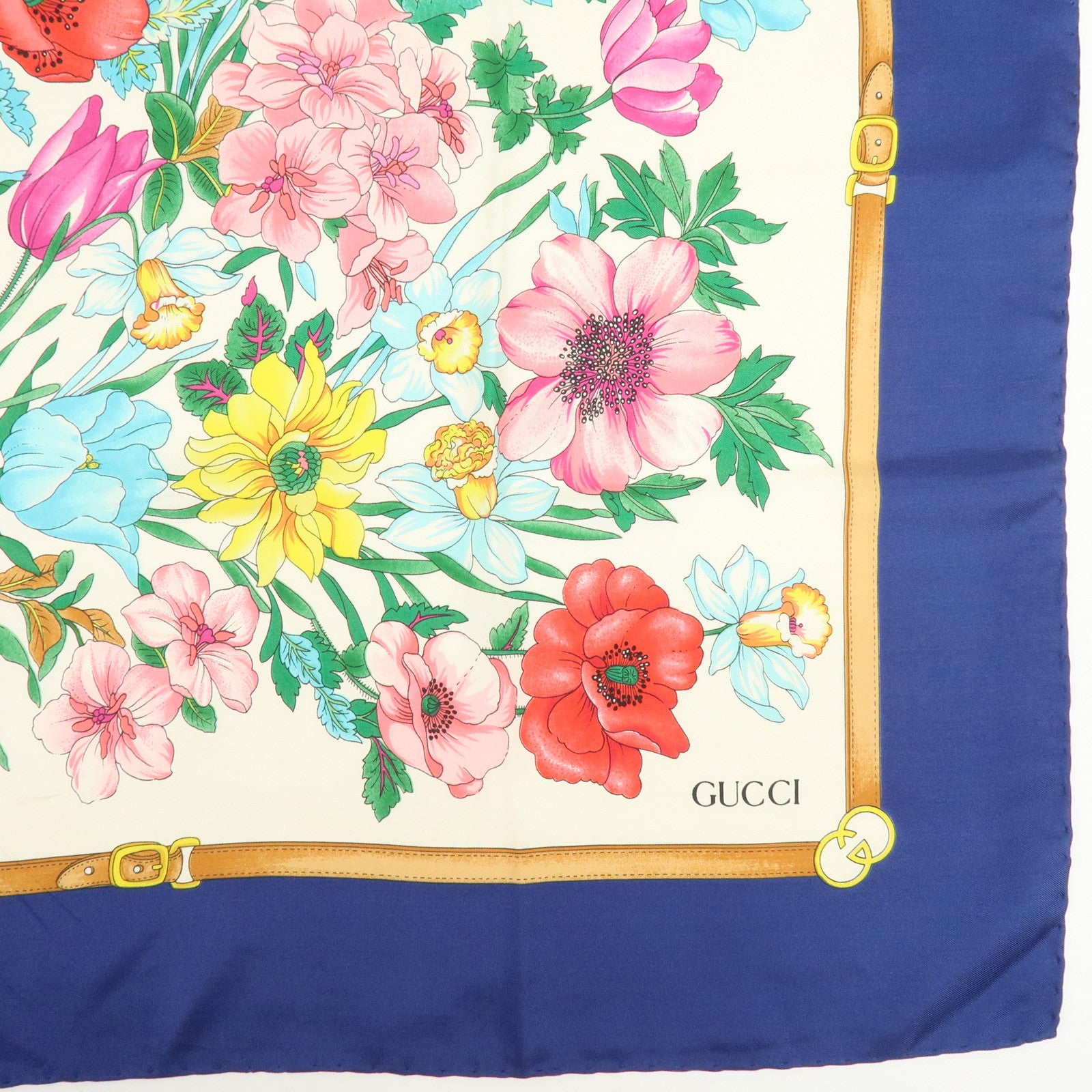 GUCCI Set of 2 Silk 100% Scarf Flower Mushroom Motif Green Navy