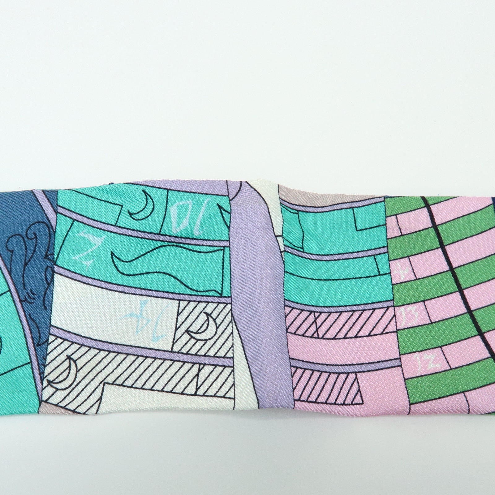 HERMES Twilly Silk 100% Scarf ASTROLOGIE NOUVELLE Green Blue Pink