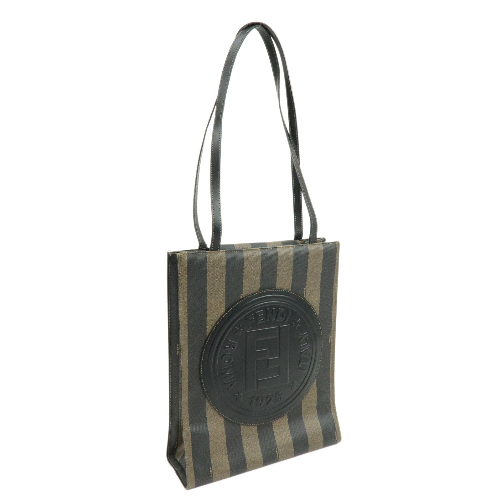 FENDI Pequin PVC Leather Big Logo Tote Shoulder Bag Brown 259980