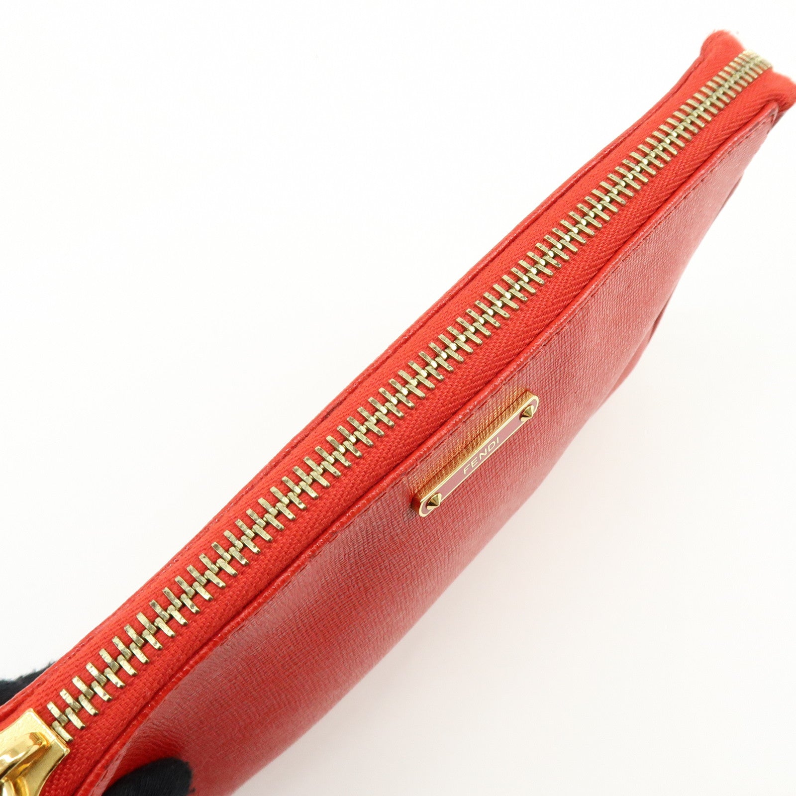 FENDI Embossed Leather Chain Accessary Pouch Hand Bag Red 8M0271