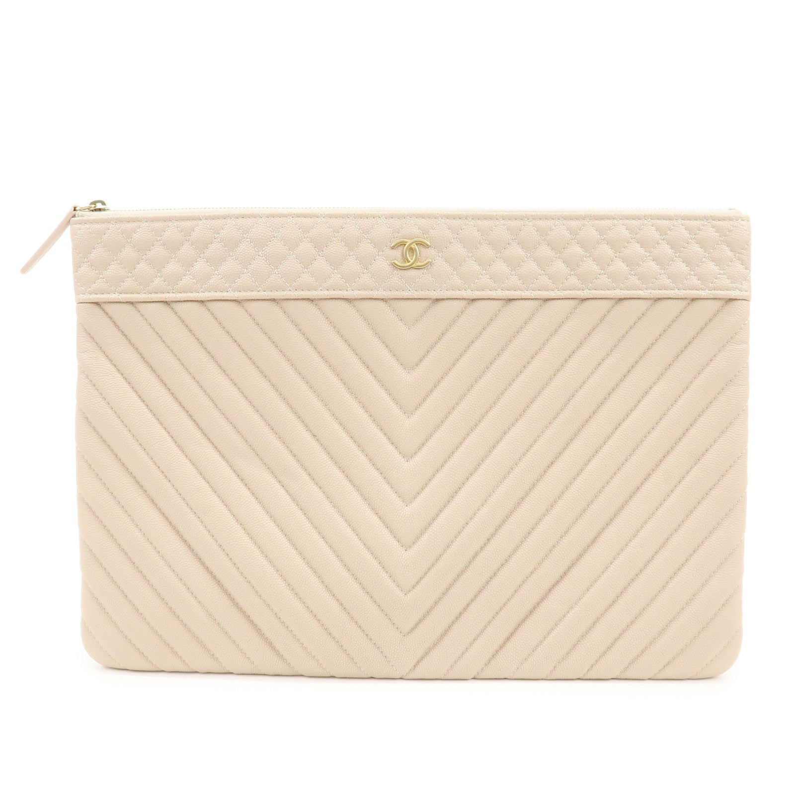 CHANEL COCO Mark Shevron V Stitch Caviarskin Clutch Bag Beige A69251
