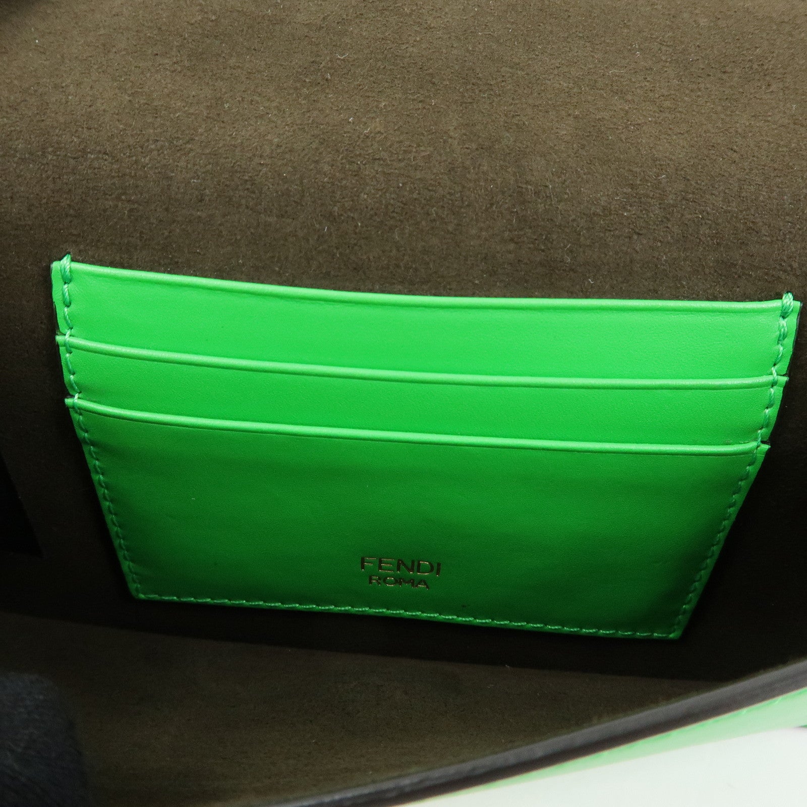 Fendi Flat Baguette Leather Shoulder Bag Green Brown 8BS039