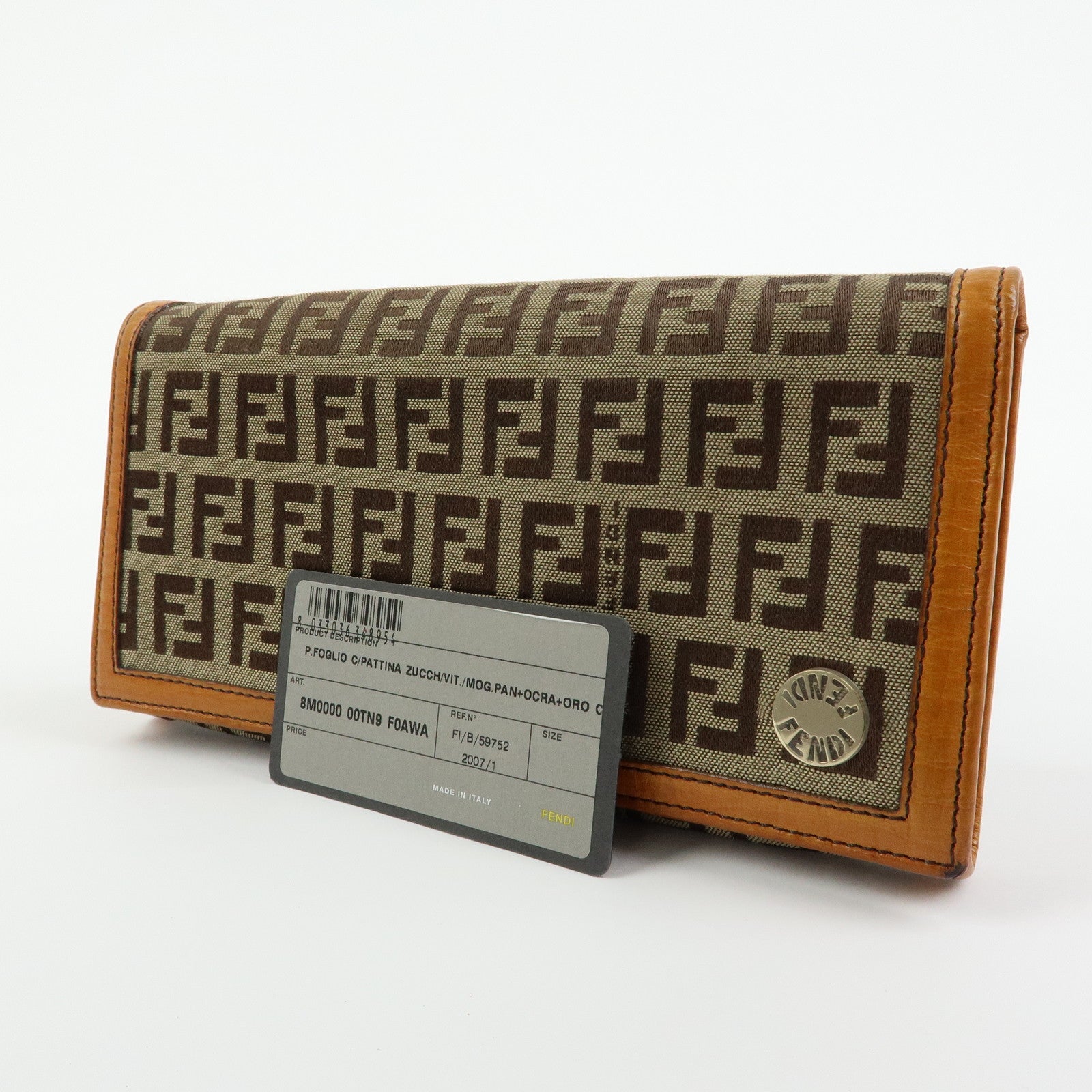 FENDI Zucchino Jacquard Canvas Leather Bi-fold Long Wallet Beige 8M0000