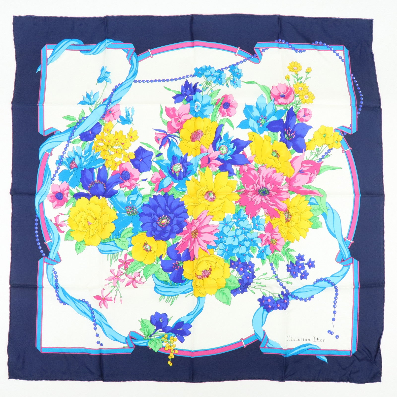 Christian Dior Set of 2 Silk 100% Scarf Flower Butterfly Red Navy