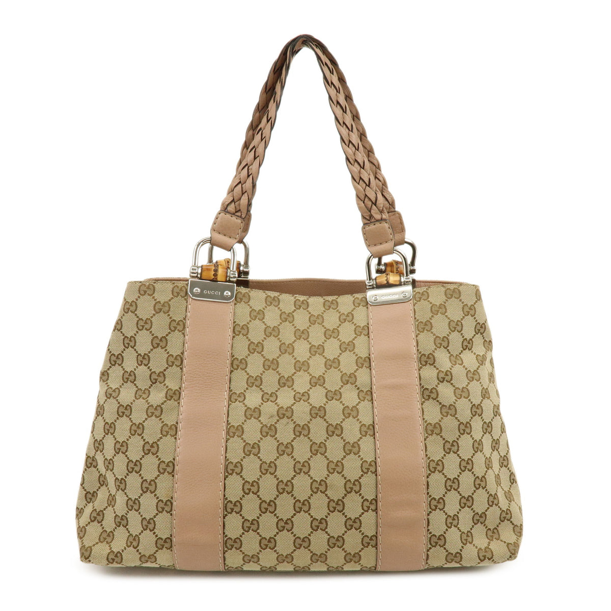 GUCCI Bamboo GG Canvas Leather Tote Bag Beige Brown Pink 232947