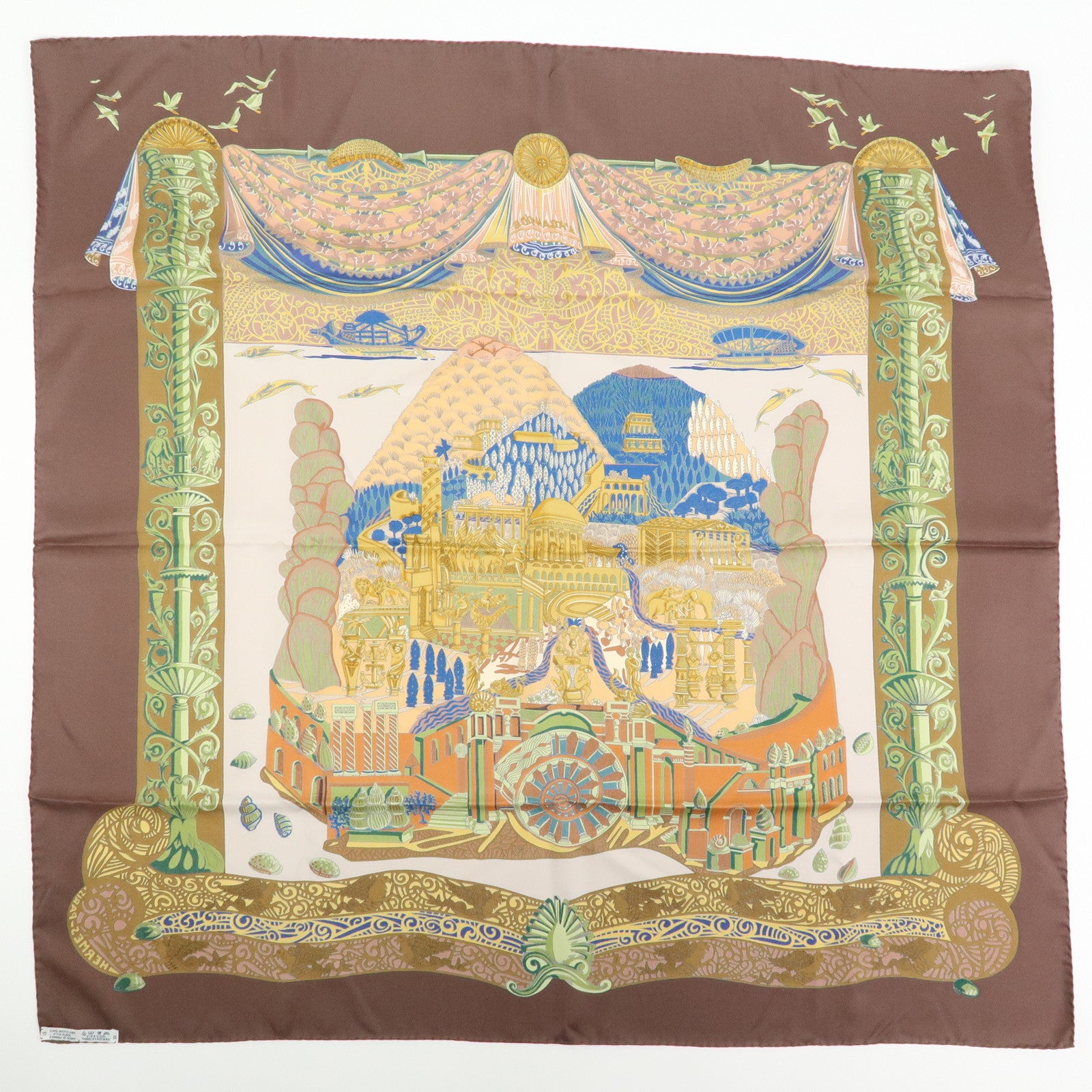 HERMES Carre 90 Silk 100% Scarf L ATLANTIDE Brown Blue Gold