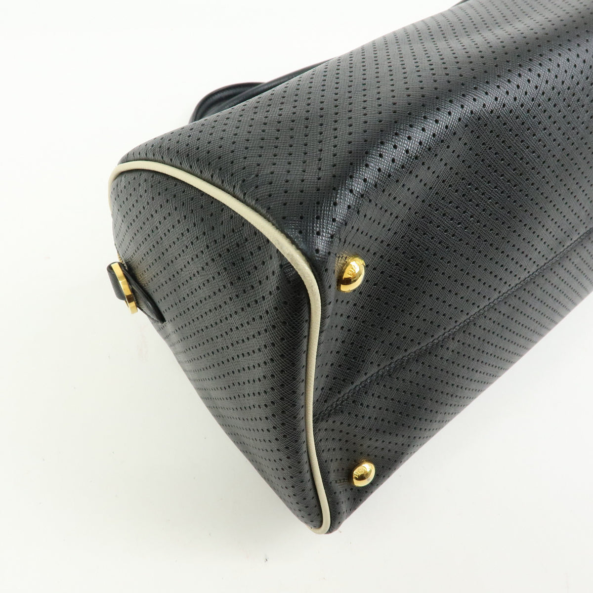 PRADA Triangle Logo Perforated Saffiano Leather 2Way Boston Bag Black