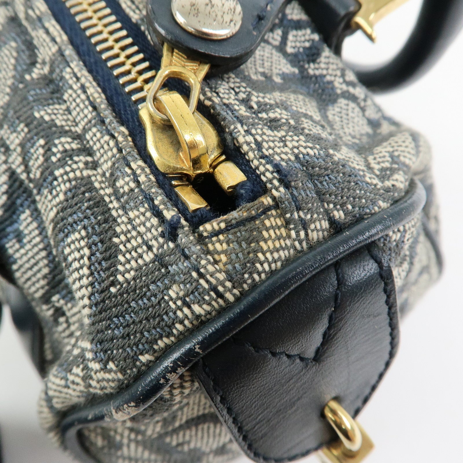 Christian Dior Trottern Jacquard Leather Mini Boston Bag Hand Bag Navy
