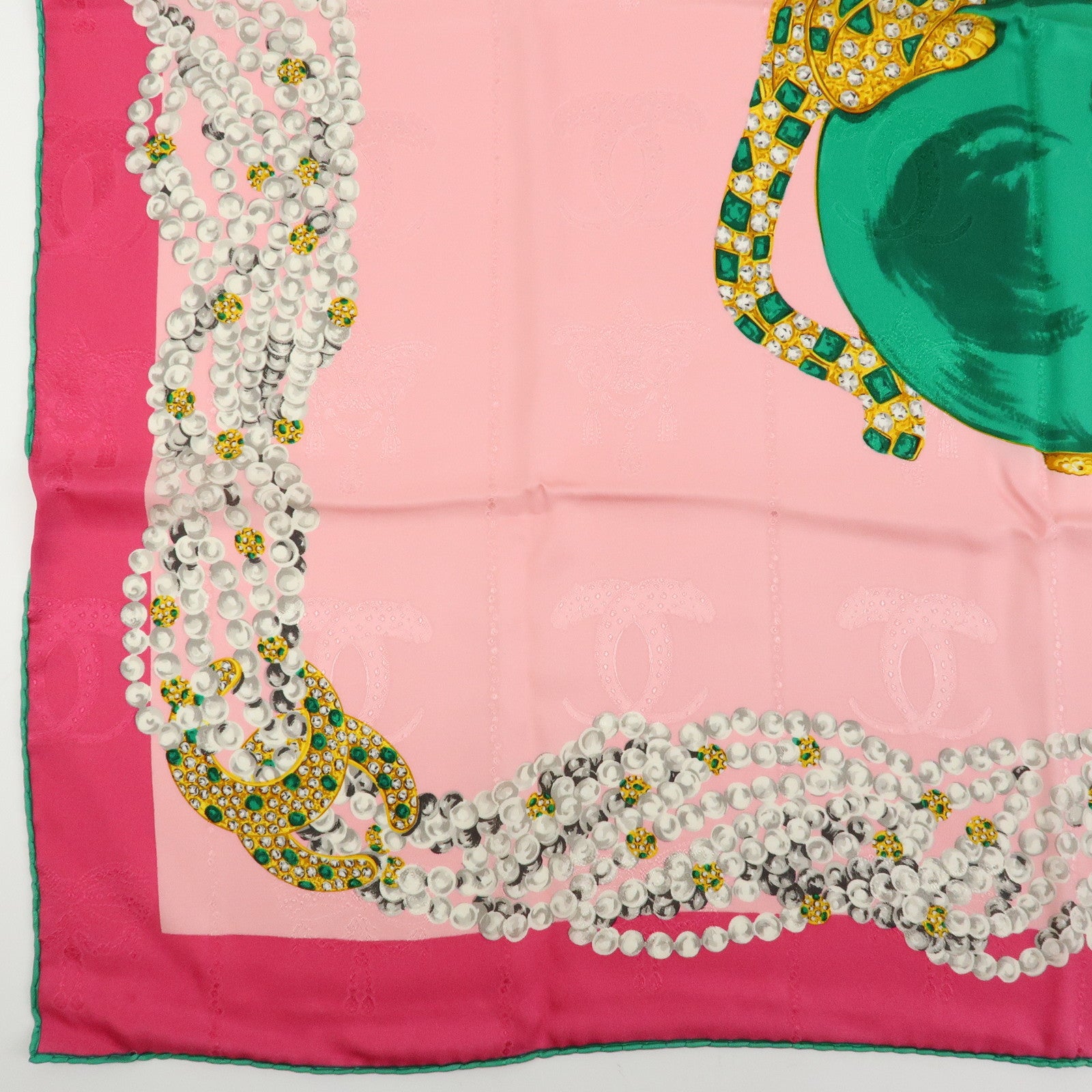 Cartier Silk 100% Scarf Jeweled Panther Motif Pink Green