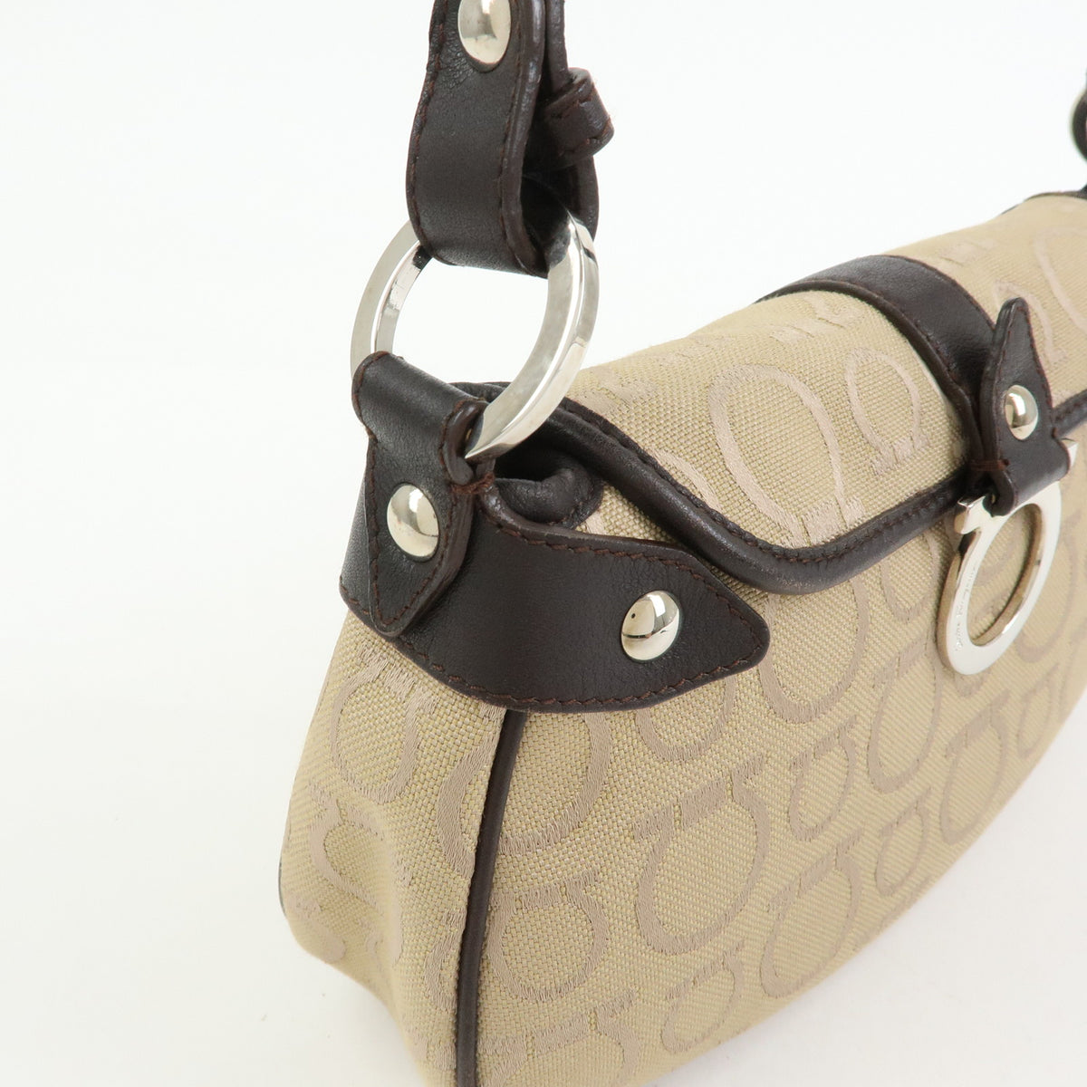 Ferragamo Gancini Jacquard Canvas Leather Hand Bag Beige Brown