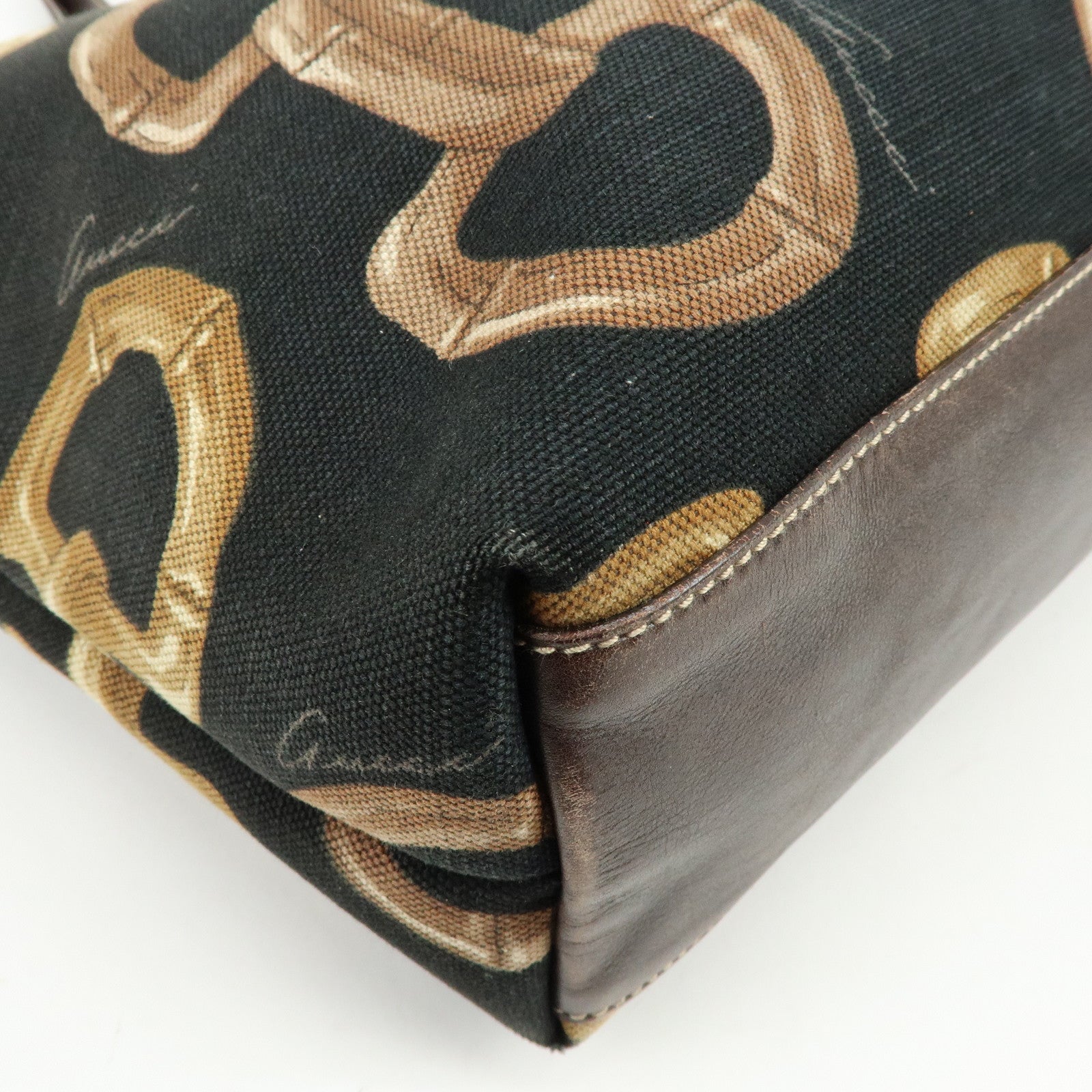 GUCCI Horsebit Interlocking G Canvas Leather Tote Bag Black 154402