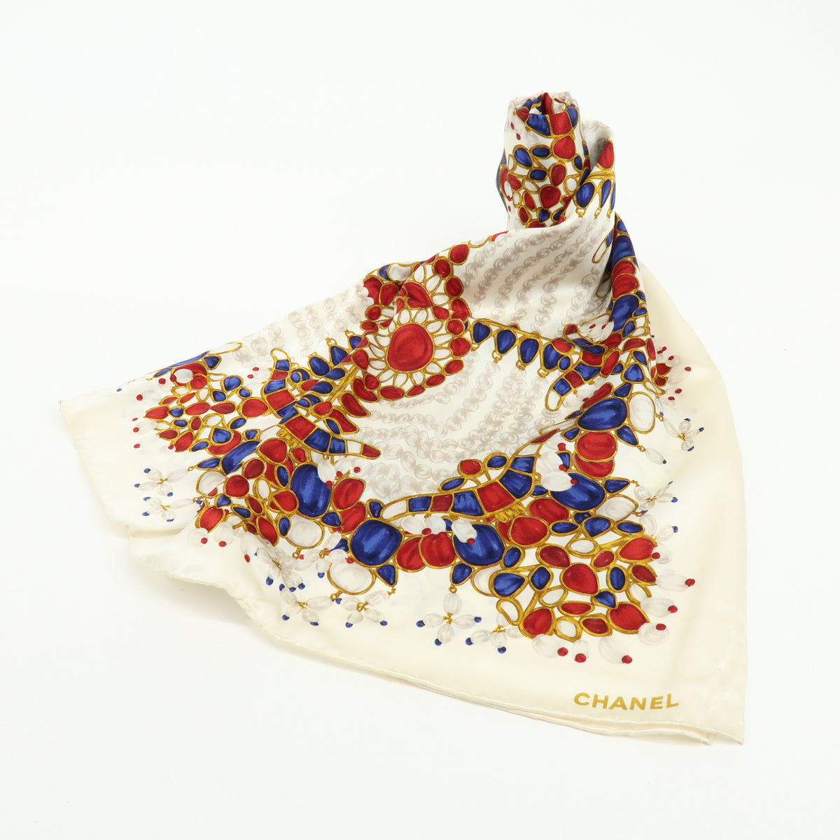 CHANEL COCO Mark Silk 100% Scarf Pearl Jewerly Motif White Red Blue