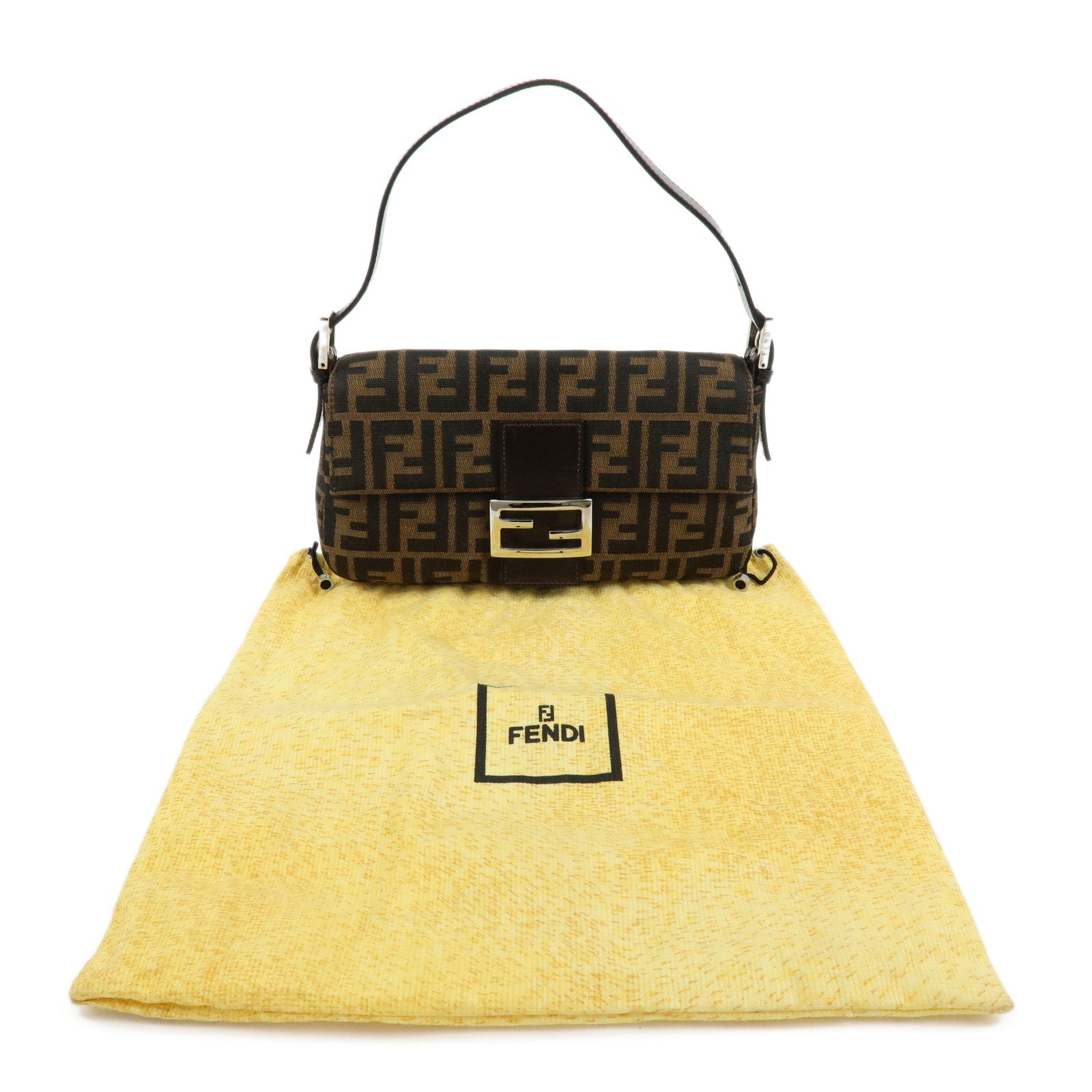 FENDI Mamma Baguette Zucca Canvas Leather Shoulder Bag Brown 26424