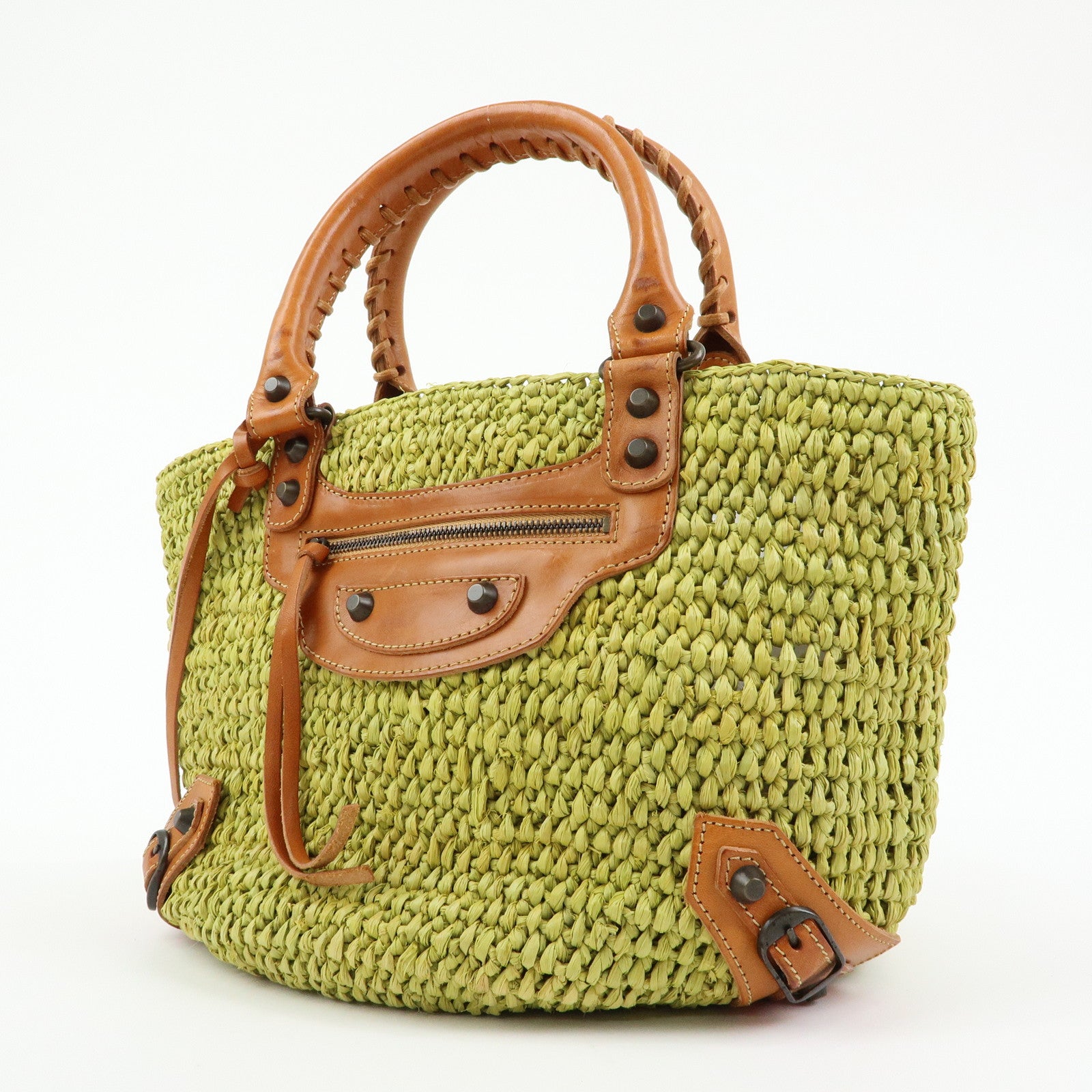 Balenciaga Panier Raffia Leather Basket Tote Bag Green Brown 236741