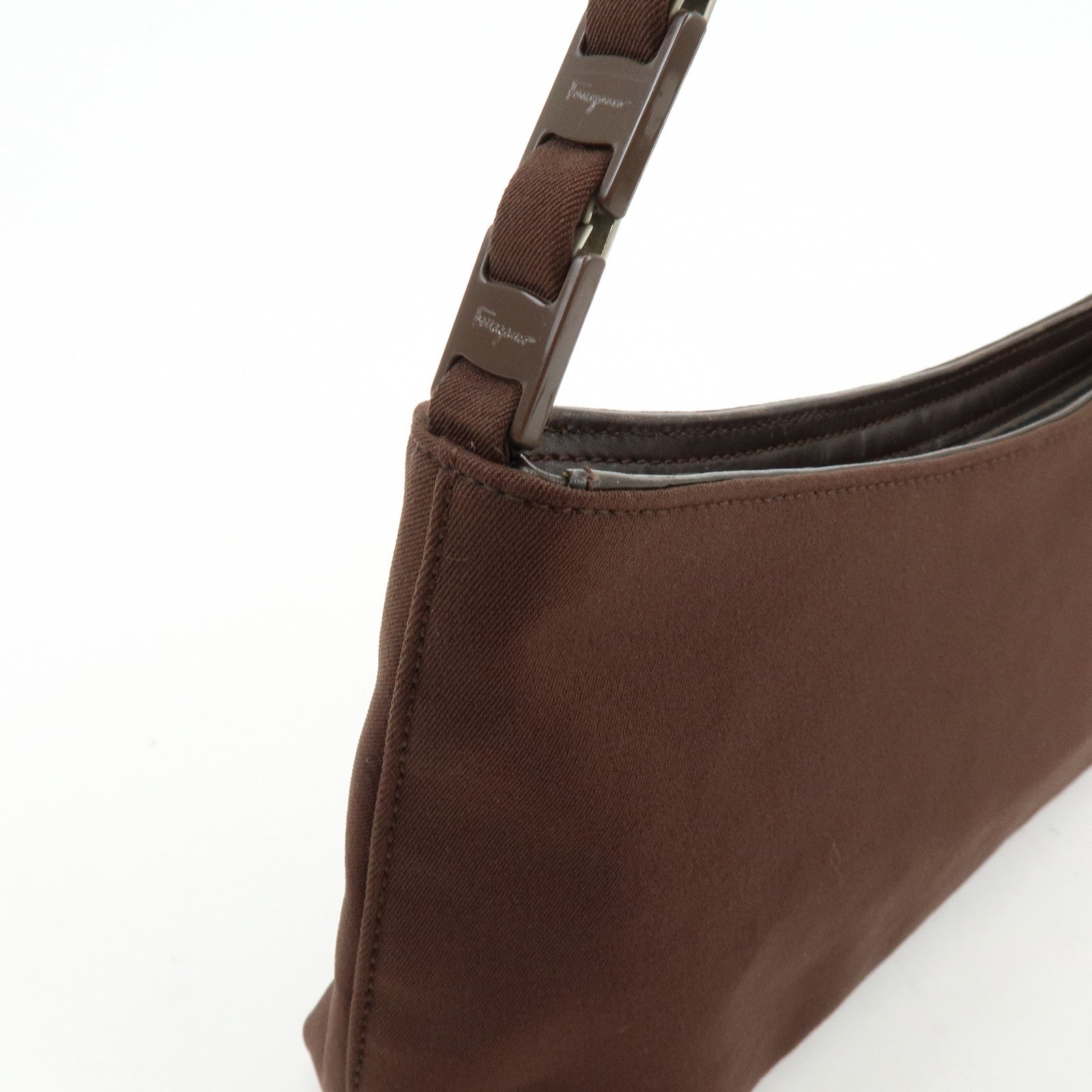 Ferragamo Varra Nylon Leather Chain Shoulder Bag Hand Bag Brown
